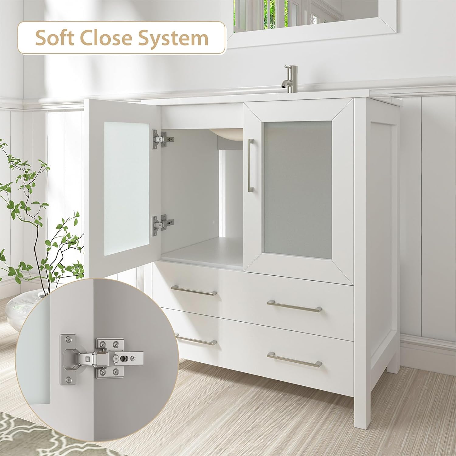 Vanity Art 96 Inch Under Mount Double Sink Bathroom Vanity Cabinet with 2 Mirrors, Ceramic Top Bathroom Cabinet Compact Set with 13 Dovetail Storage Drawers, VA3030-96-W