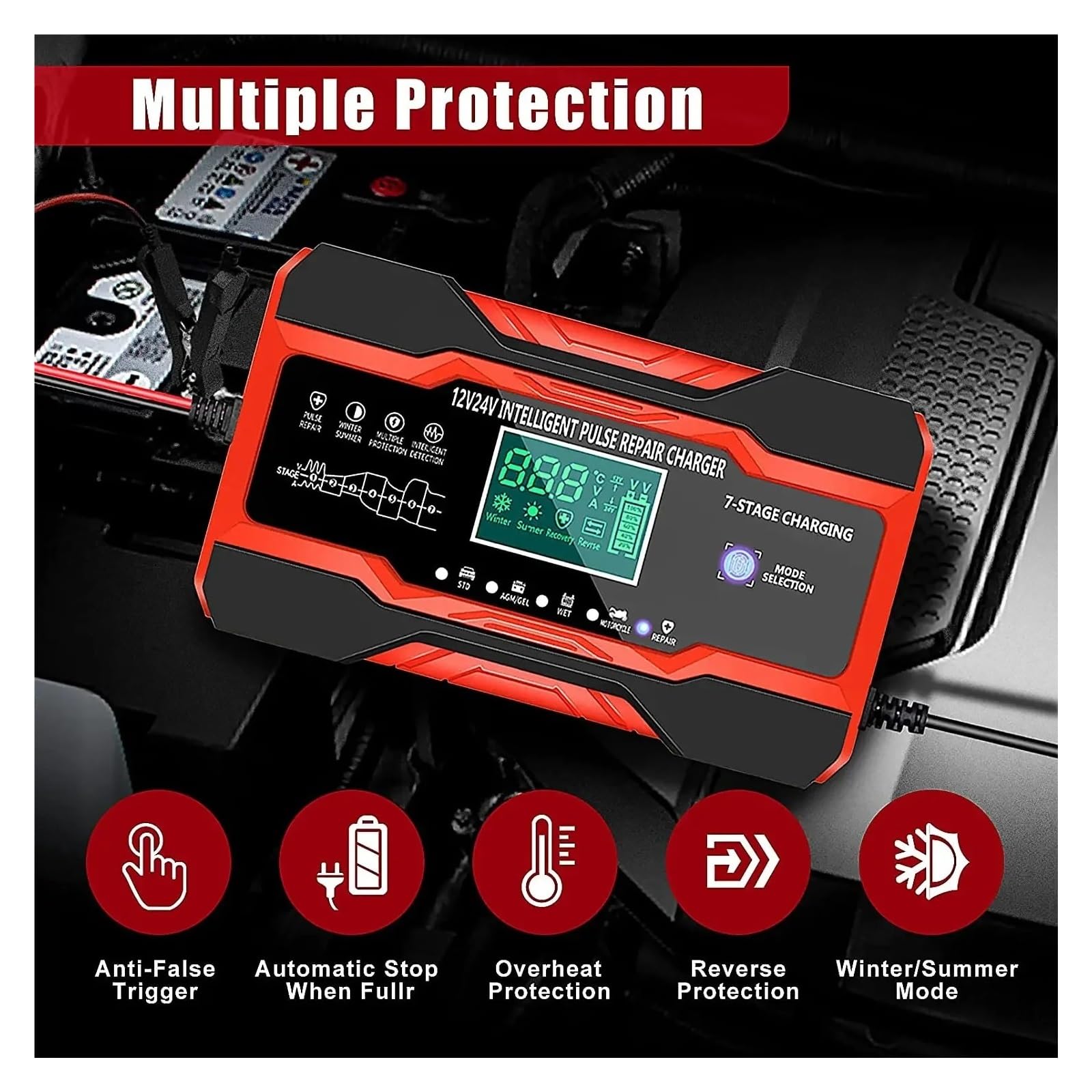Cargador De Batería Coche Completamente Automático, 12V, 10A, 24V, 5A, Carga Rápida Inteligente For AGM Gel, Plomo Y Ácido, Pantalla LCD Potente Carga Rápida(Red)
