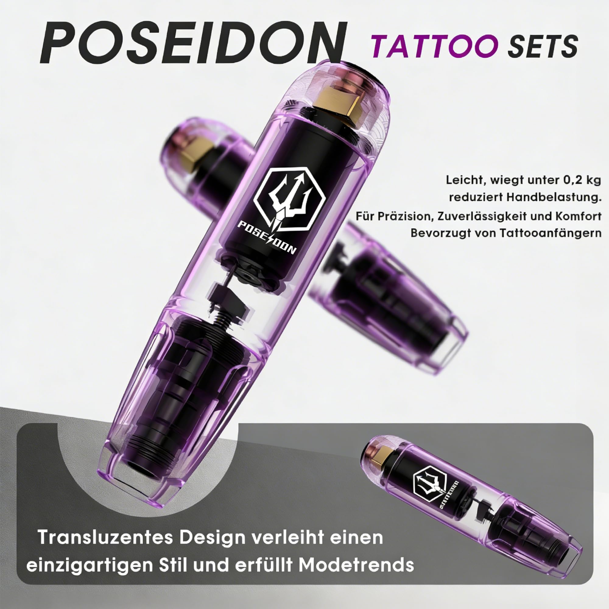 POSEIDON Kabelloses Tattoo-Pen-Set mit 2 langlebigen Akkus & komplettem Starter-Zubehör | Professionelle kabellose Tattoo-Maschine für Anfänger | Inklusive 20 Nadeln, Farben, Übungshaut
