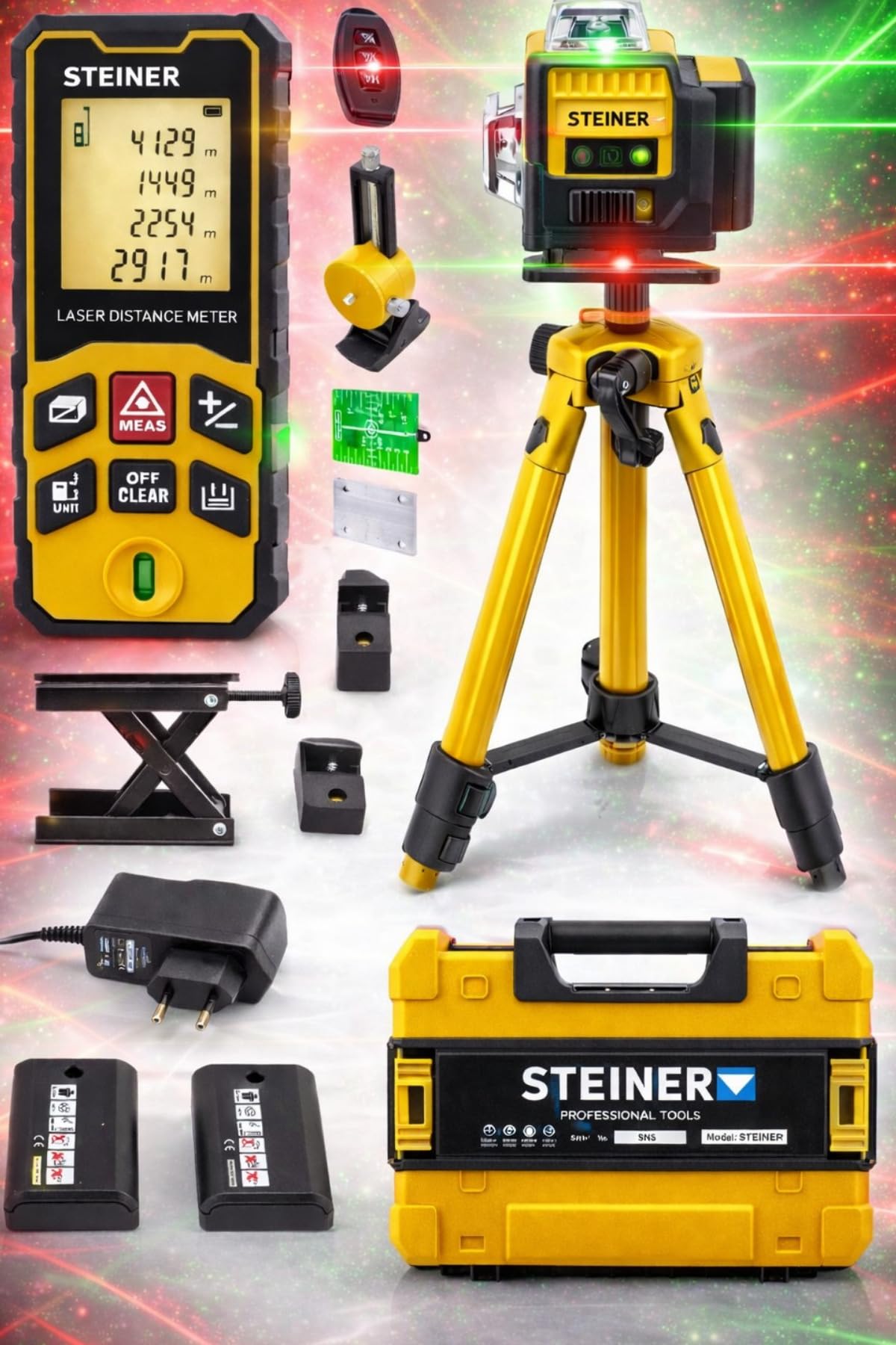 Steiner Profesyonel 12 Köşe Yeşil Çizgi Lazer Otomatik Hizalama Çantalı + 50MT Lazer Metre +…