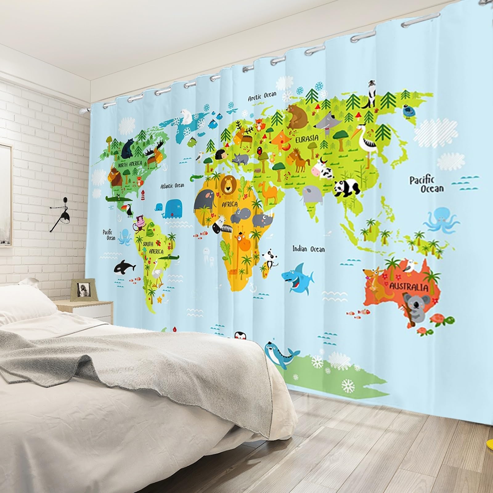 107x160cm Mapa Cortina con Ojales Dibujos Animados Verde Mapa del Mundo Animales náutica Opacas Cortinas para Ventanas Niñas niños Habitación Infantil Dormitorio Sala de Estar,2 Panel