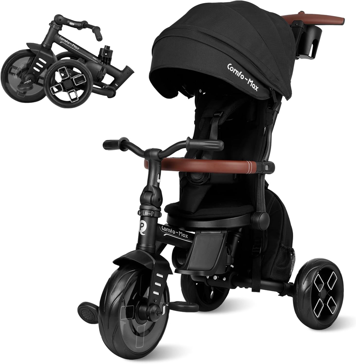Qplay Comfo Max Evolutionary Tricycle 6-in-1 Black Tricycle for Babies 1 Year Foldable Made of Aluminium with 360  Seat Tilting and Canopy for Babies from 10 to 72 Months Black