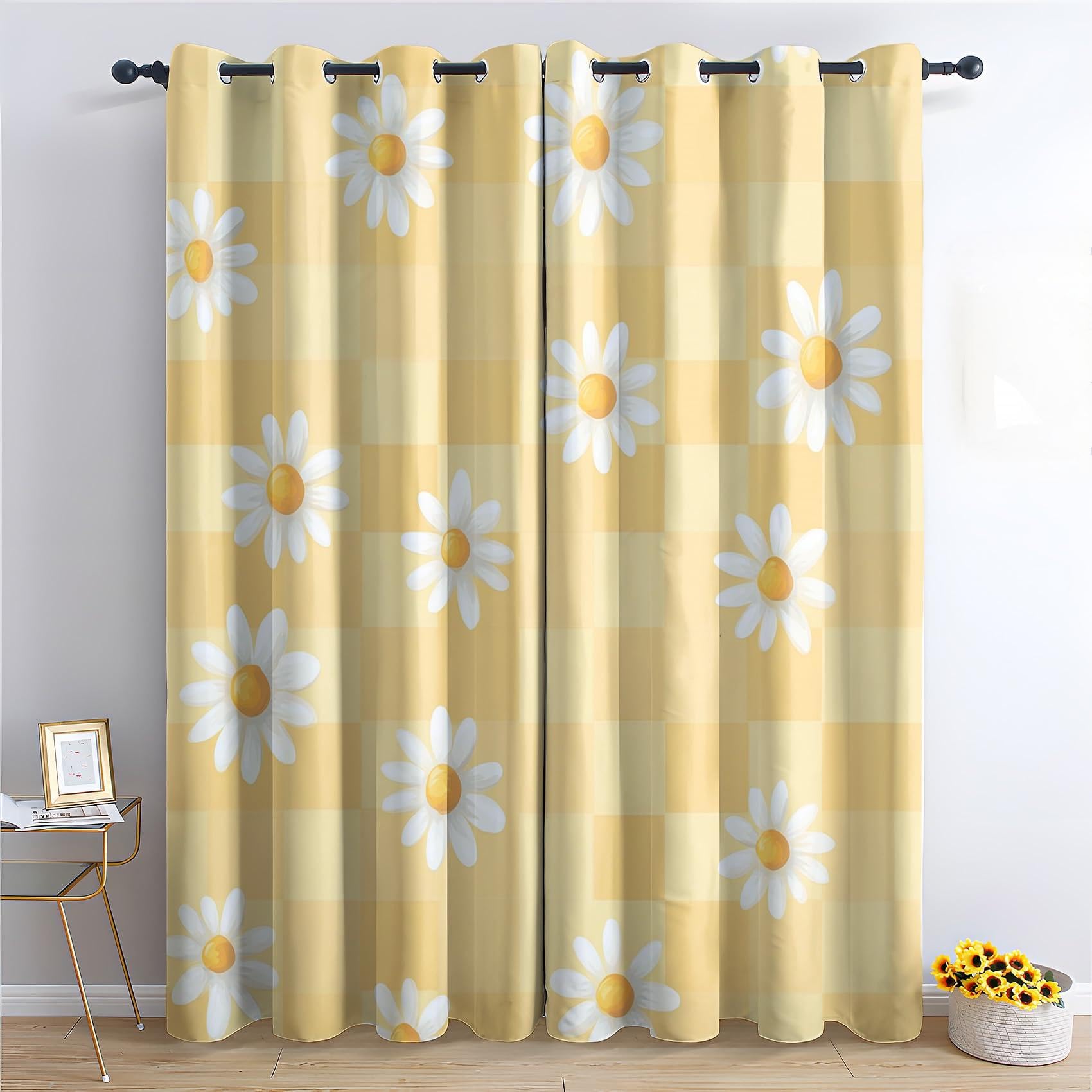 SMXVRC Cute Daisy Room Darkening Curtains Warm Yellow Plaid Grommet Curtain Drapes Top Grommet Girls Room Eyelet Curtain Thermal Insulated Blackout Drapes for Windows Home, W66 x L72 x 2 Panels