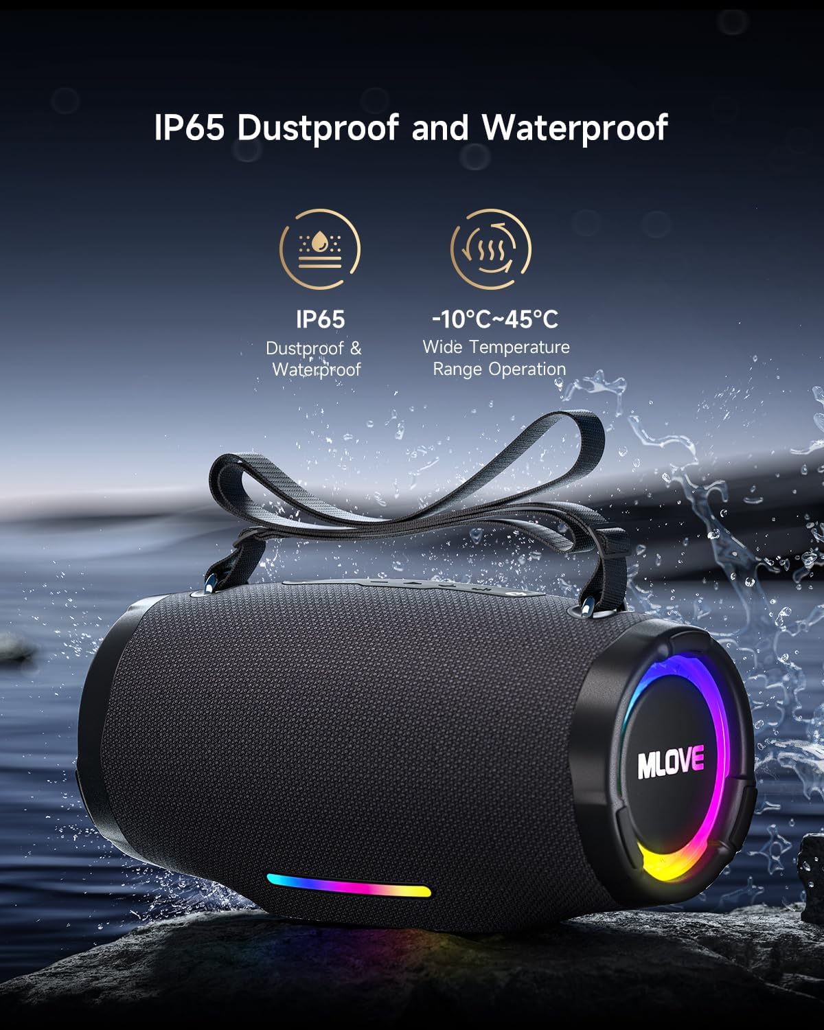 MLOVE E90 speaker being splashed with water, demonstrating its IP65 dustproof and waterproof rating, suitable for outdoor use.