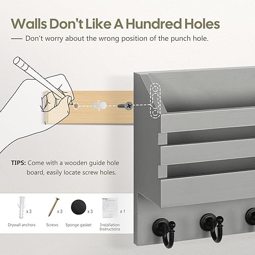 Miniatura 7 de FifthQuarter Organizador de llaves y correo para pared, organizador de correo con montaje en pared con 6 ganchos y cajón de almacenamiento, estante