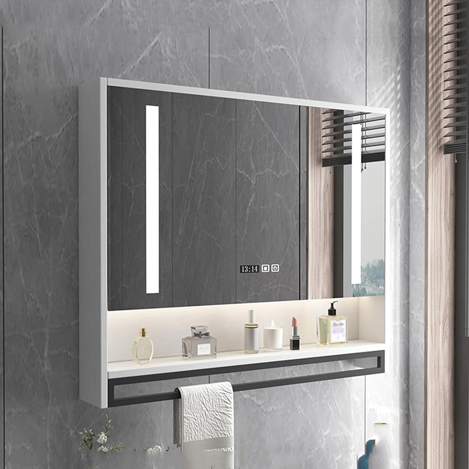 Farmhouse Grey Bathroom Mirror Medicine Cabinet, 80Cm Vanity Storage with Mirror for Bathroom & Living Room - Stylish & Functional Wall-Mounted Nizer,White-70cm