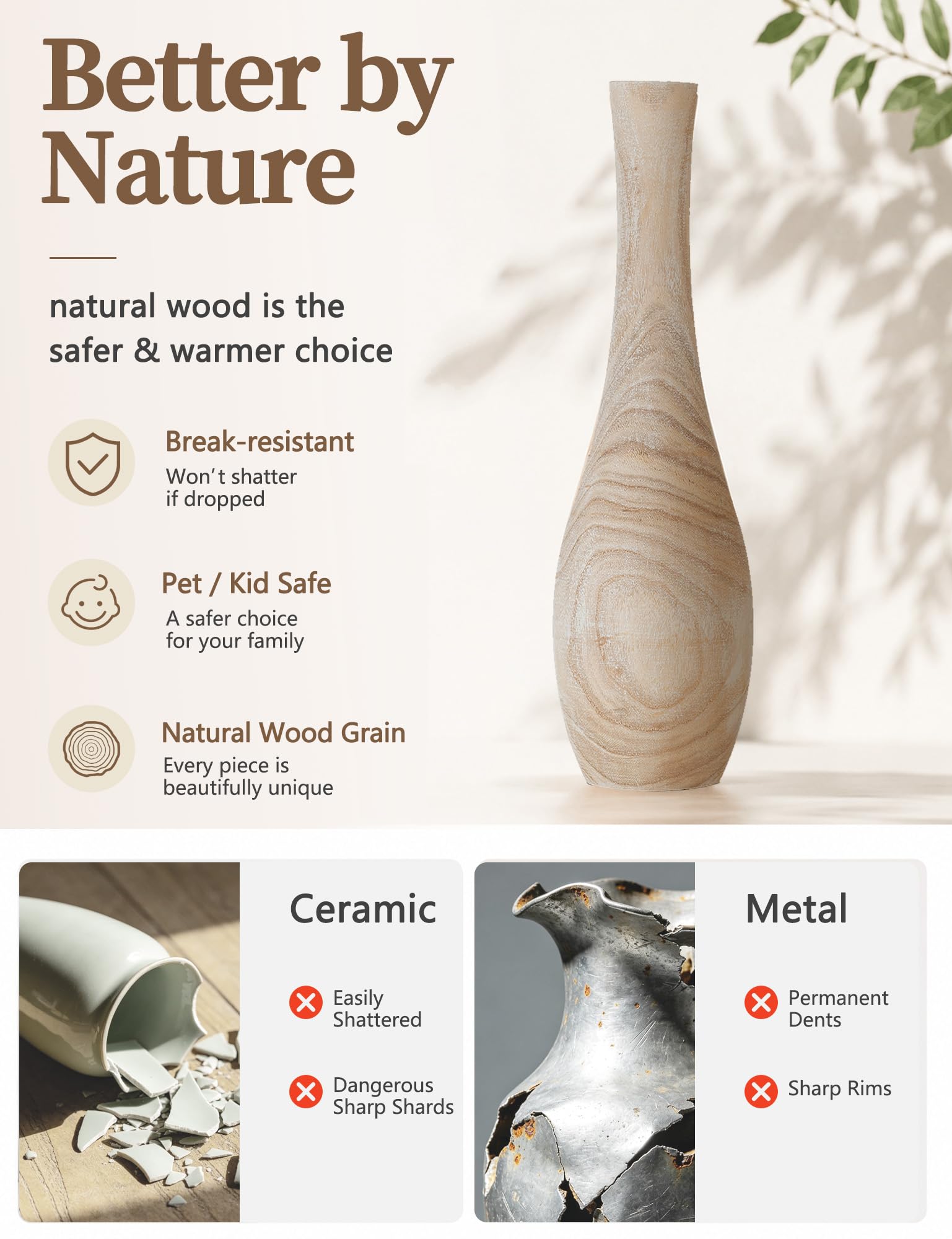 Hanobe Vase Deko Groß Bodenvase: Holz Hoch Boden Vasen Skandinavische Deko XXL Flur Wohnzimmer - 56cm Landhausstil Natur Blumenvase mit Loch für Pampasgras