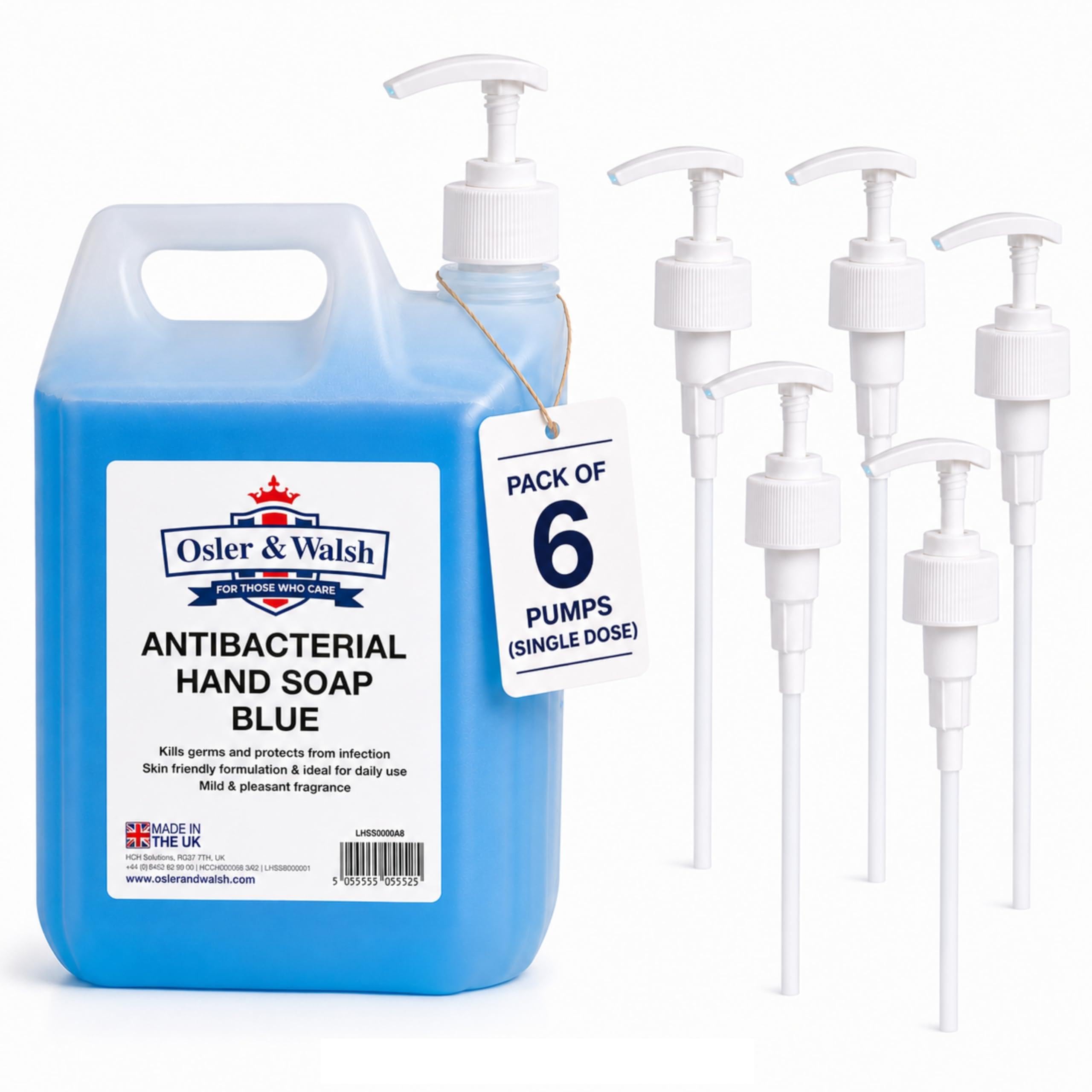 Osler & Walsh Pump Dispenser for 5 Litre Bottles – Pack of 6 | 4ml Dose Hand Soap Dispenser | 38mm Screw Neck, 212mm Tube | Sanitiser & Liquid Soap Jerry Can Pump