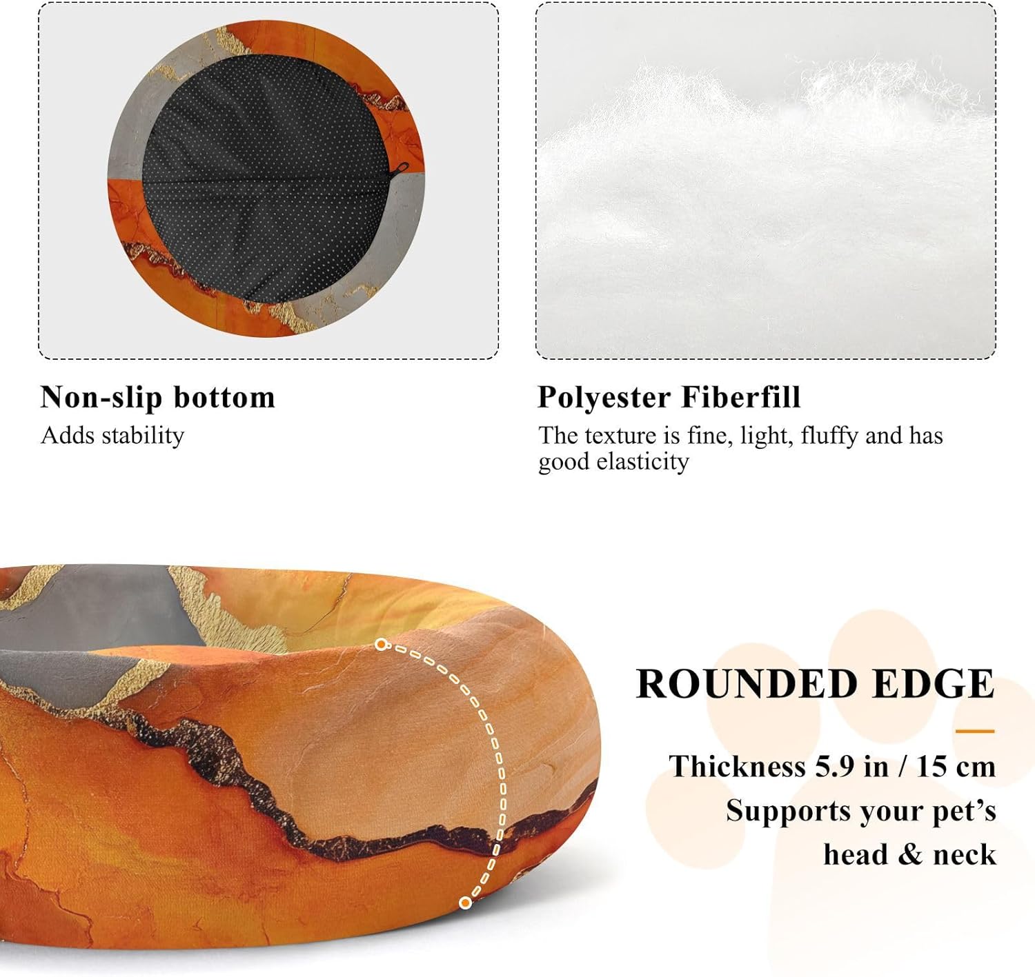 Marble Orange Gold Pet Dog Bed Anxiety Relief Dog Pillow Bed for Small Size Pets Sleeping M