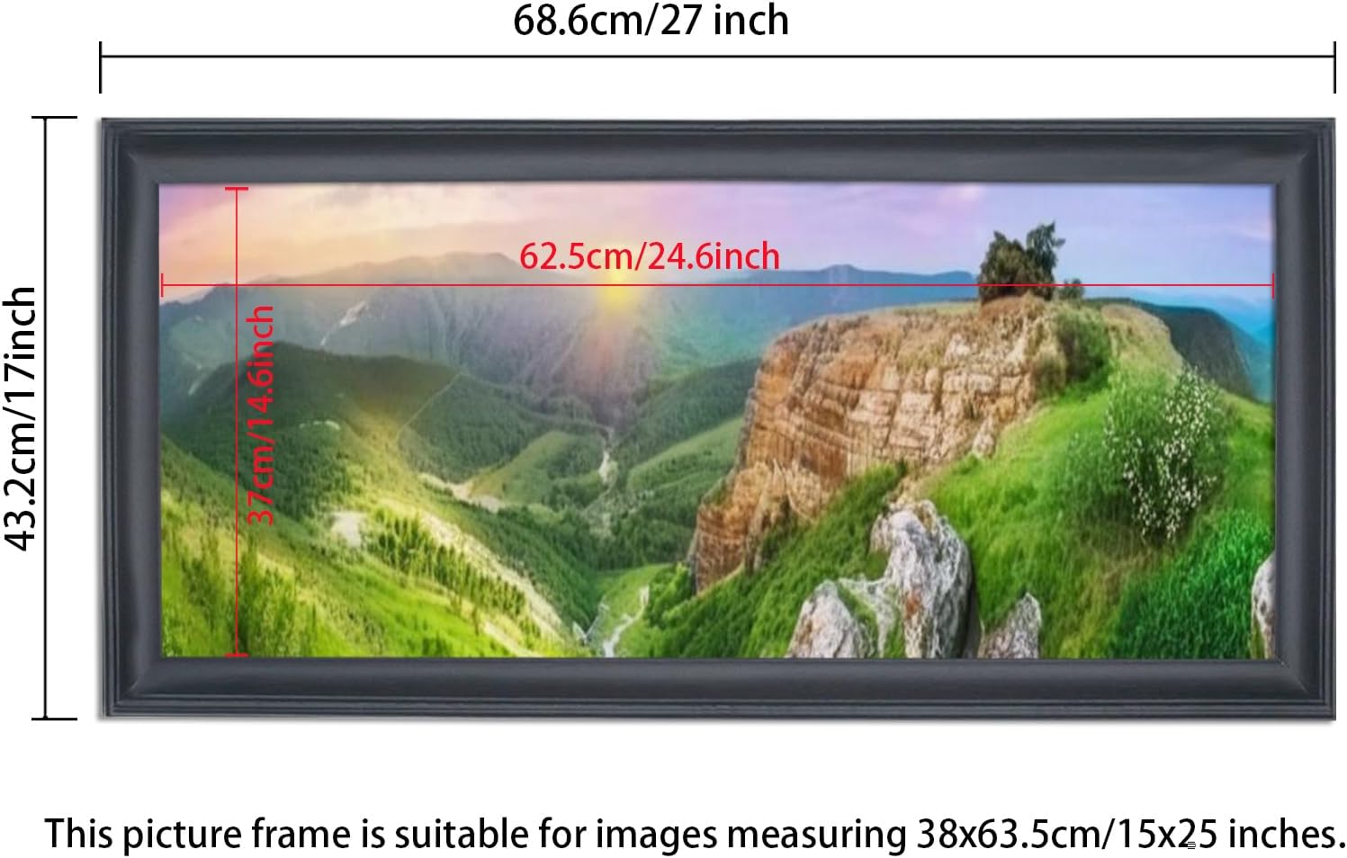 15x25 inch Picture Frame Solid Wood Black Panoramic Photo Frame,Suitable for Poster/Painting/Group Photo/Puzzle (A23B1525)