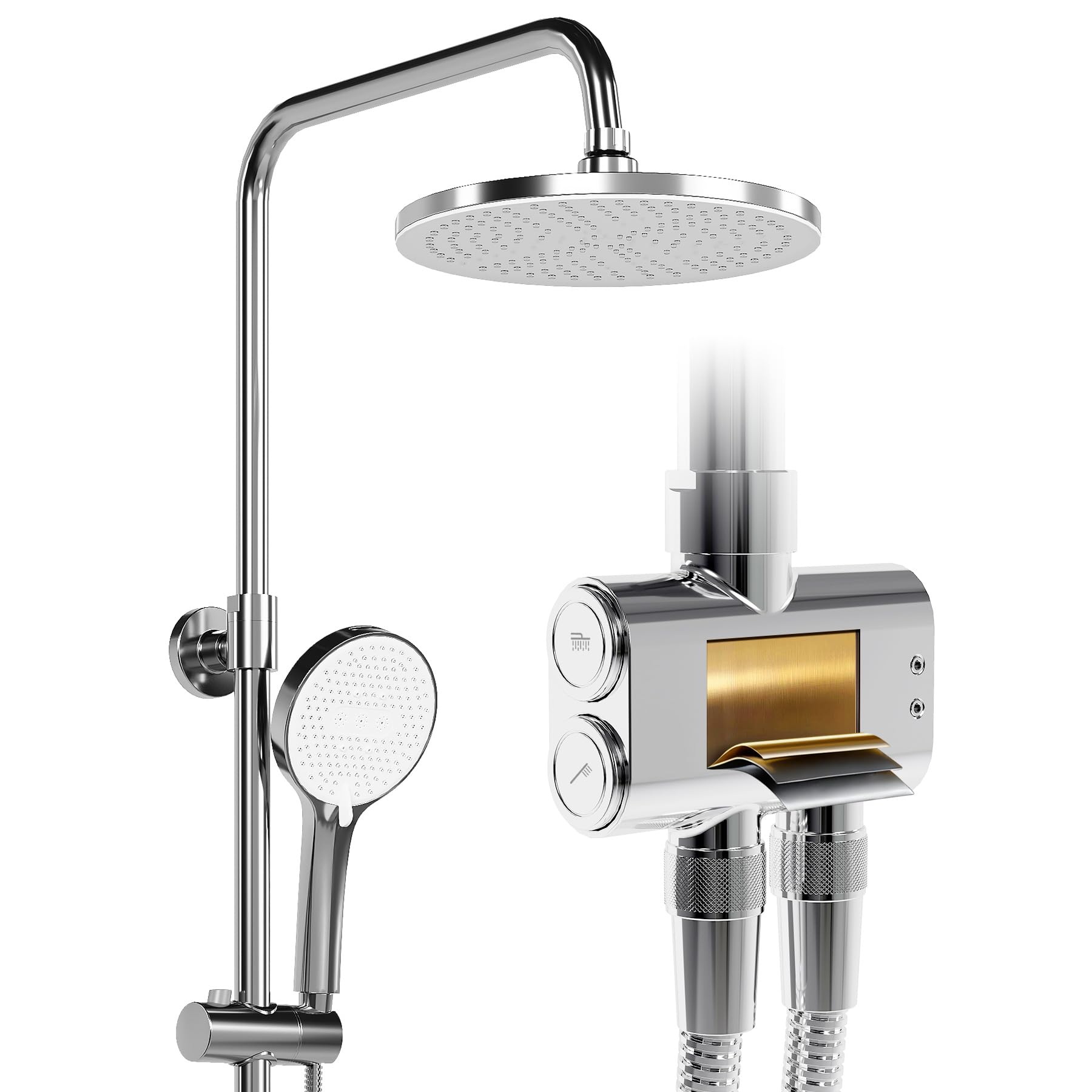 HOROW Shower Riser Rail Kit with 10" Rainfall Head & 5-Mode Handset - Adjustable Stainless Steel Pipe & Brass Diverter - Chrome Finish, Works with Existing Mixer (No Tap)