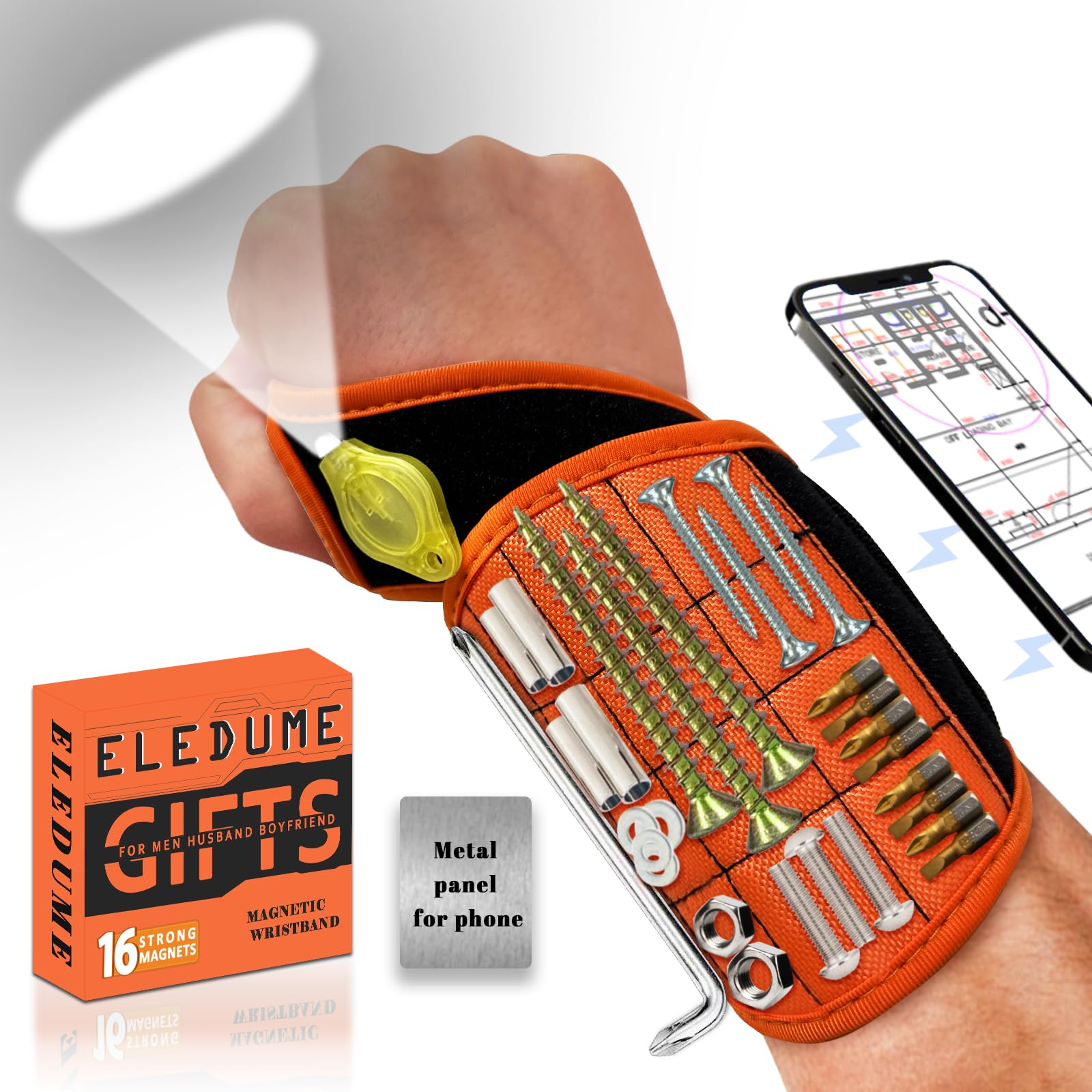 Magnetic Wristband with Flashlight & Magnet Pedal for Holding Screws, Magnetic Wristband Tool Belt for Holding Screws Nails Drill Bits, Cool Handy