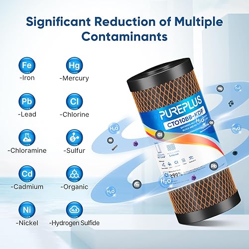 Miniatura 4 de PUREPLUS Filtro de agua KDF y carbón activado con cáscara de coco de 5 micrones de 10 x 4.5 pulgadas, filtro de agua de repuesto para eliminación de