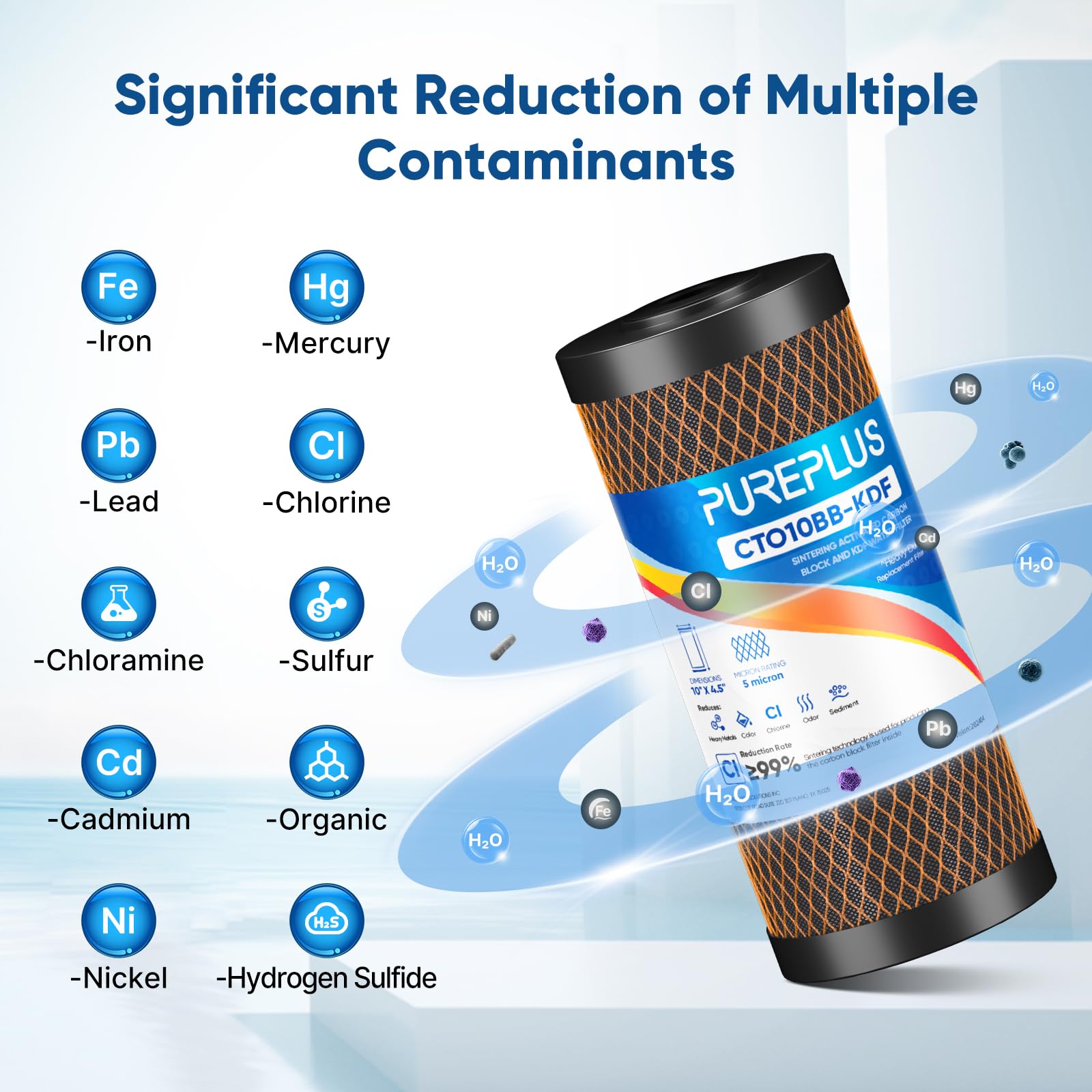 PUREPLUS Filtro dell'acqua di ricambio per la rimozione di metalli pesanti, 5 micron, 25,4 x 11,4 cm, a carbone attivo per tutta la casa, compatibile con GXWH40L, GXWH35F, BB10, CTO10BB-KDF