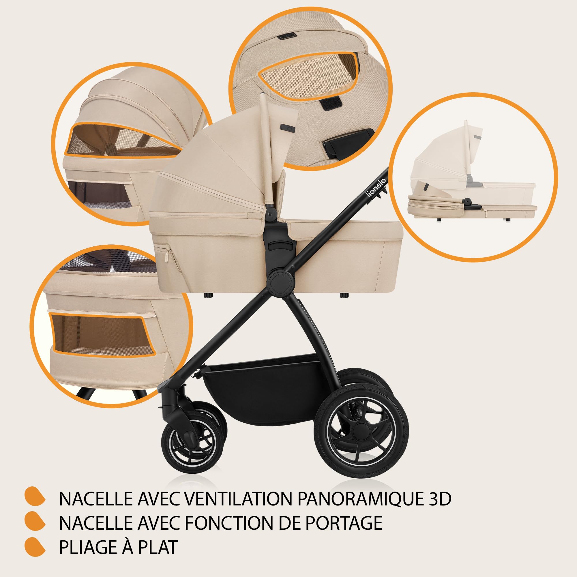 LIONELO MERIL 2 en 1 Poussette Bébé 0 à 48 Mois Jusqu'à 22 kg, Nacelle XXL Jusqu'à 9 kg, Grandes Roues Tout-terrain 360 °, Siège Inclinable Position Allongée Amortissement Complet Auvent XXL (Beige)