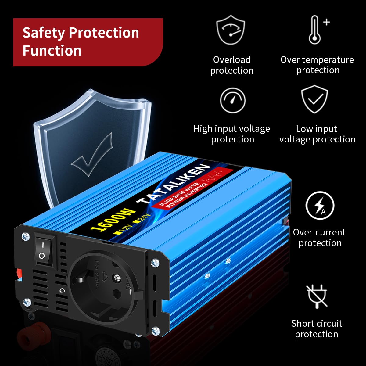Inverter Auto,Inverter Onda Pura Inverter a onda sinusoidale pura 1000W-4000W CC 12V/24V a CA 220V 50Hz Inverter di potenza Caricabatterie(12V 1000W 220V)