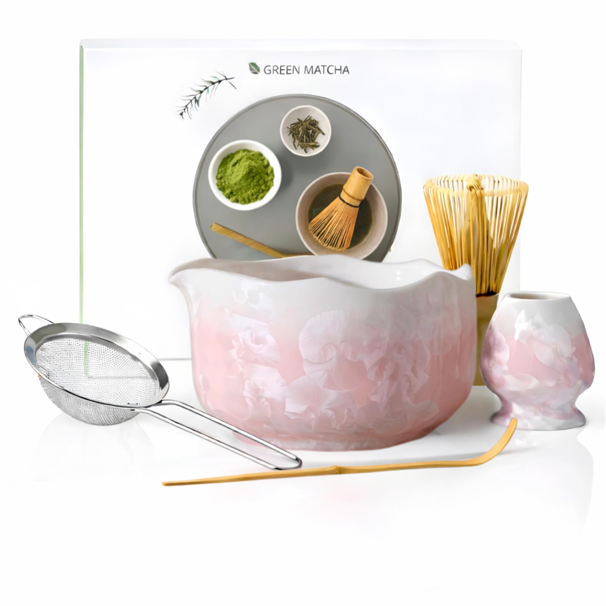 Matcha Set Rosa 5-teilig – Matcha Besen Set, Schale mit Ausgießer, Besenhalter, Bambusbesen, Sieb & Löffel – Crystal Glazed Flower Design – Geschenk für Matcha-Liebhaber (Pink)