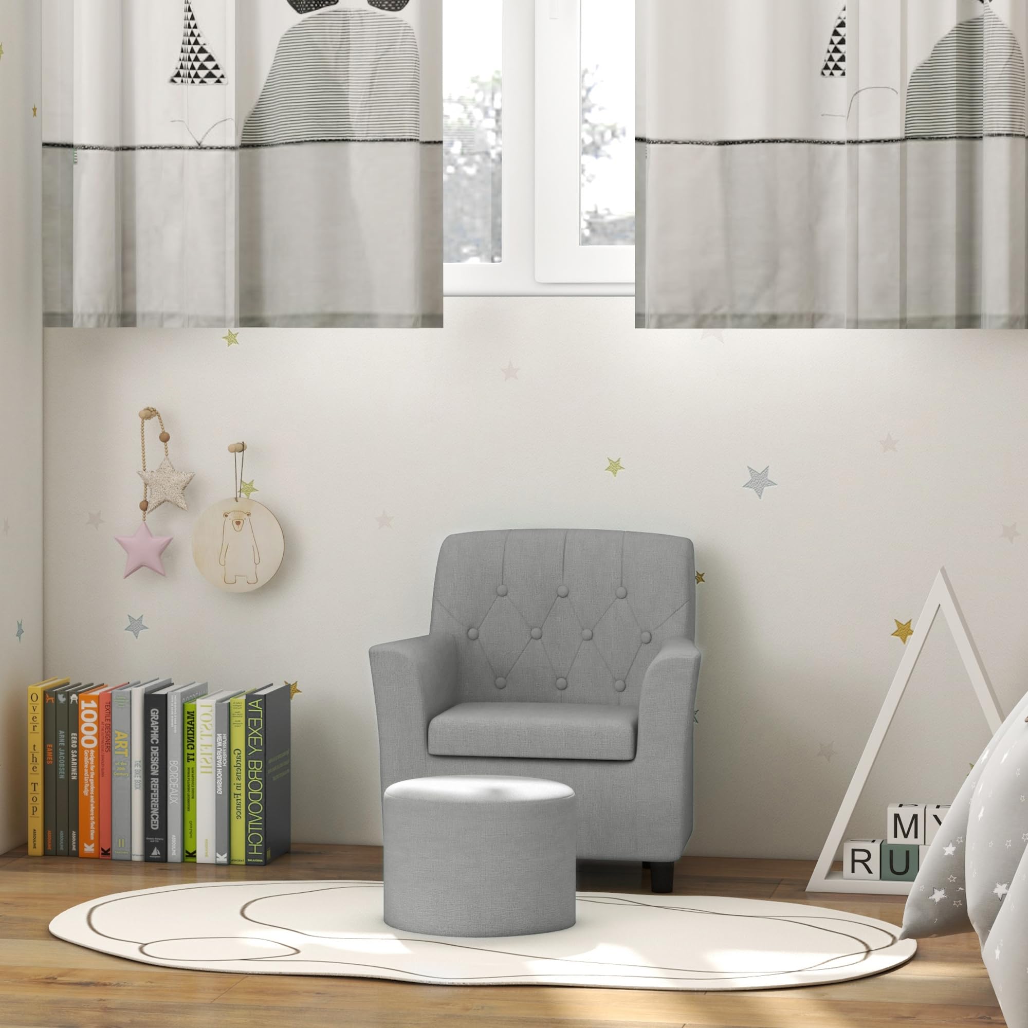 AIYAPLAY Kindersessel Kindersofa mit Fußhocker Kindercouch 1,5-3 Jahre Kindermöbel Kinderzimmer Leinentoptik Eukalyptusholz Grau 45 x 43 x 50,5 cm