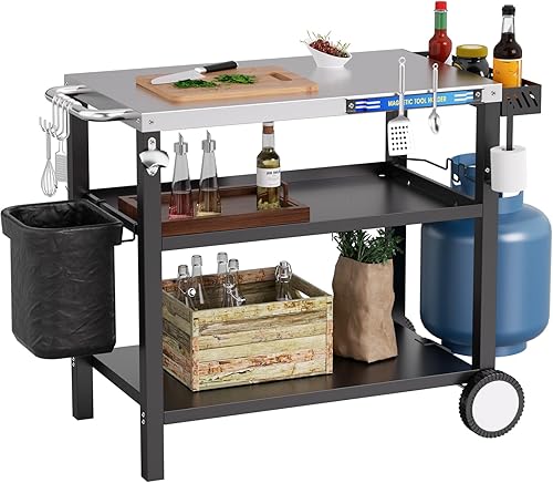 Mesa de parrilla de acero inoxidable de 34 pulgadas de largo x 20 pulgadas de ancho, carrito de parrilla para exterior, soporte de mesa para horno