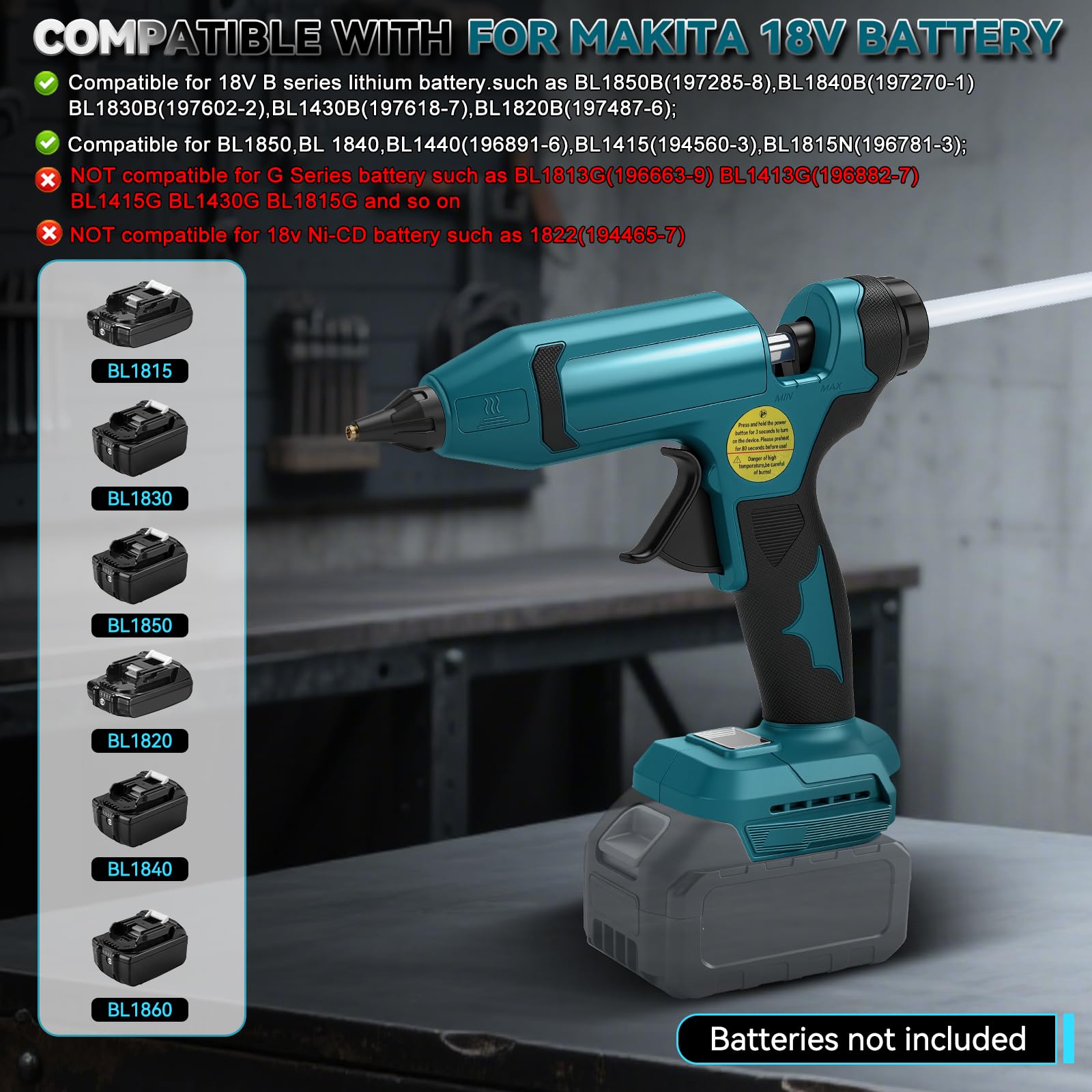 Pistola de Pegamento Caliente Inalámbrica para Makita 18V (sin Batería) | 100W, Máx. 200℃, Precalentamiento Rápido, Pantalla de Temperatura y Batería, para Manualidades y Reparaciones
