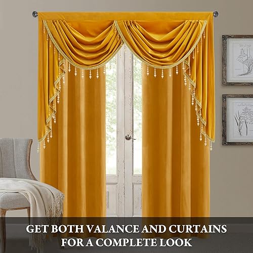 Miniatura 2 de StangH Cortinas de terciopelo con cenefa de cascada para dormitorio, cenefas de privacidad con bolsillo para barra dorada cálida con borlas de