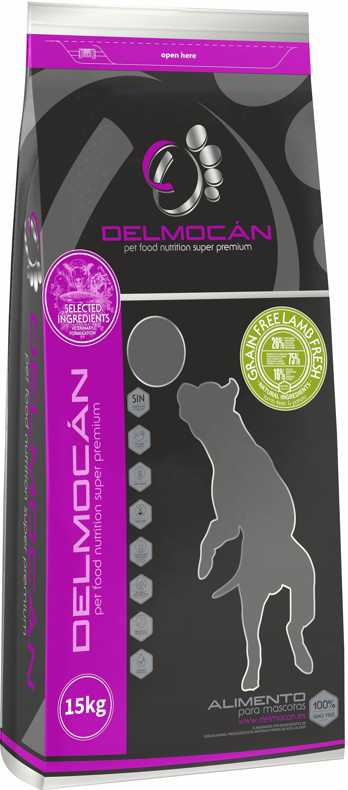 Pienso seco para Perros DELMOCAN Lamb Fresh Grain Free (15 Kilos) - Sin Cereales ni aditivos. Hecho con Carne Fresca de Cordero. Hipoalergénico, Especial para Perros con intolerancias alimenticias.