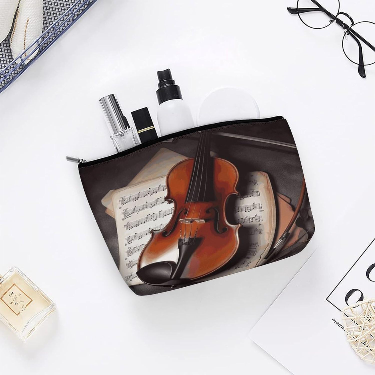 Violin Sheet Music Travel Makeup Bag Large Toiletry Bag for Women Waterproof Cosmetic Bags for Purse Portable Makeup Organizer Bags Cute Zipper Pouch Cosmetic Pouch Funny Travel Makeupbag image 5