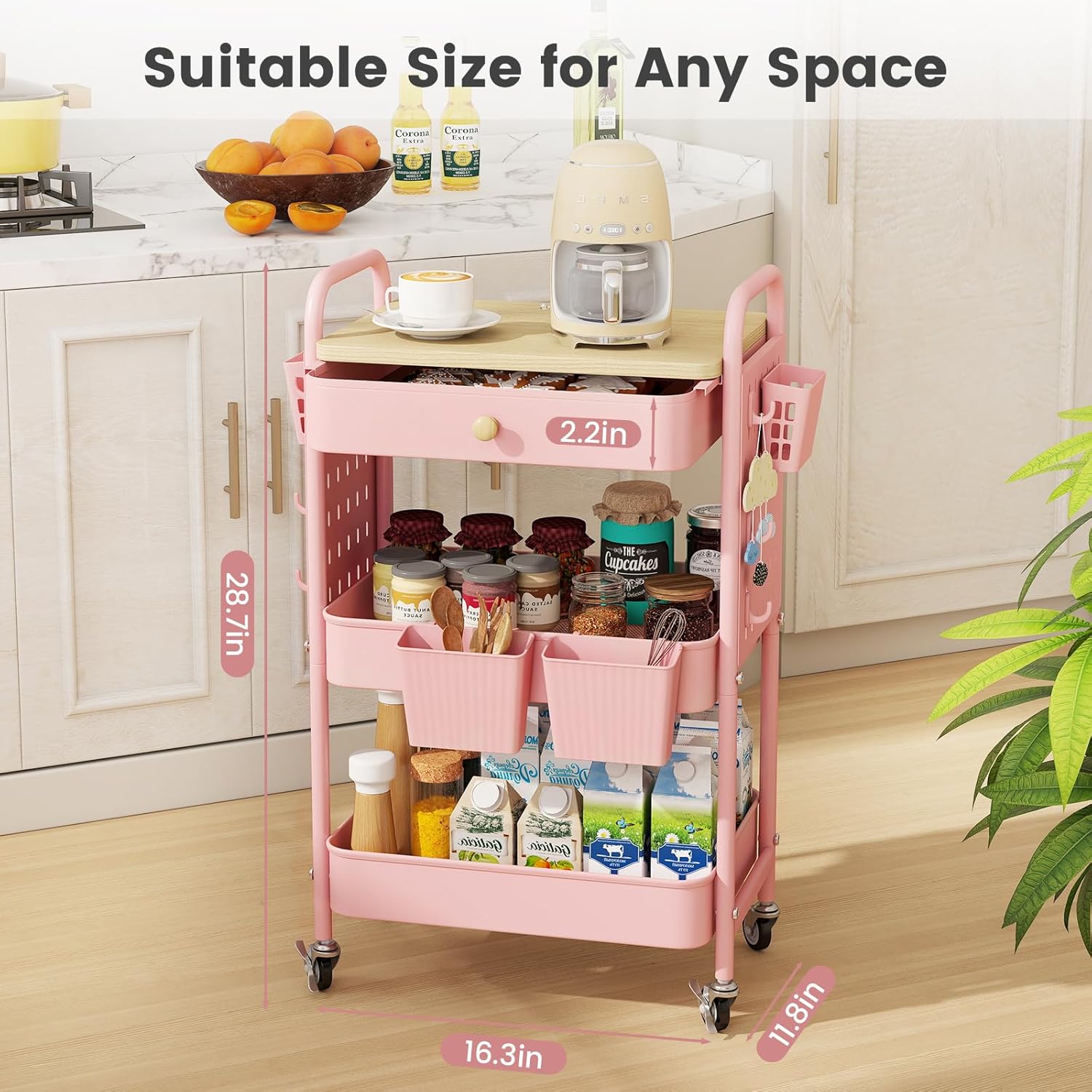 danpinera 3 tier rolling cart, metal storage cart with drawer, wooden tabletop & diy pegboards, utility carts on wheels with hooks & hanging cups, mobile storage organizer trolley for kitchen, office pink with pegboards