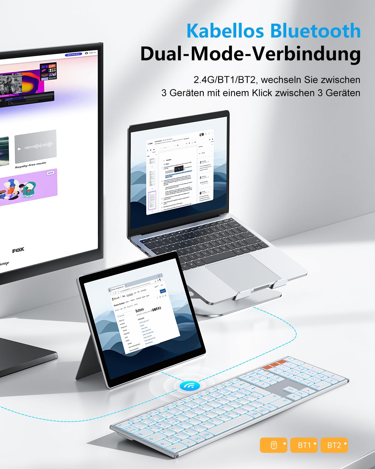 OMOTON Tastatur Kabellose Beleuchtet, Bluetooth + 2,4G, QWERTZ, Silber | Metallgehäuse, Multi-Device, Wiederaufladbar, Leise, Ergonomische, Windows/macOS/PC, Büro/Homeoffice/Reisen
