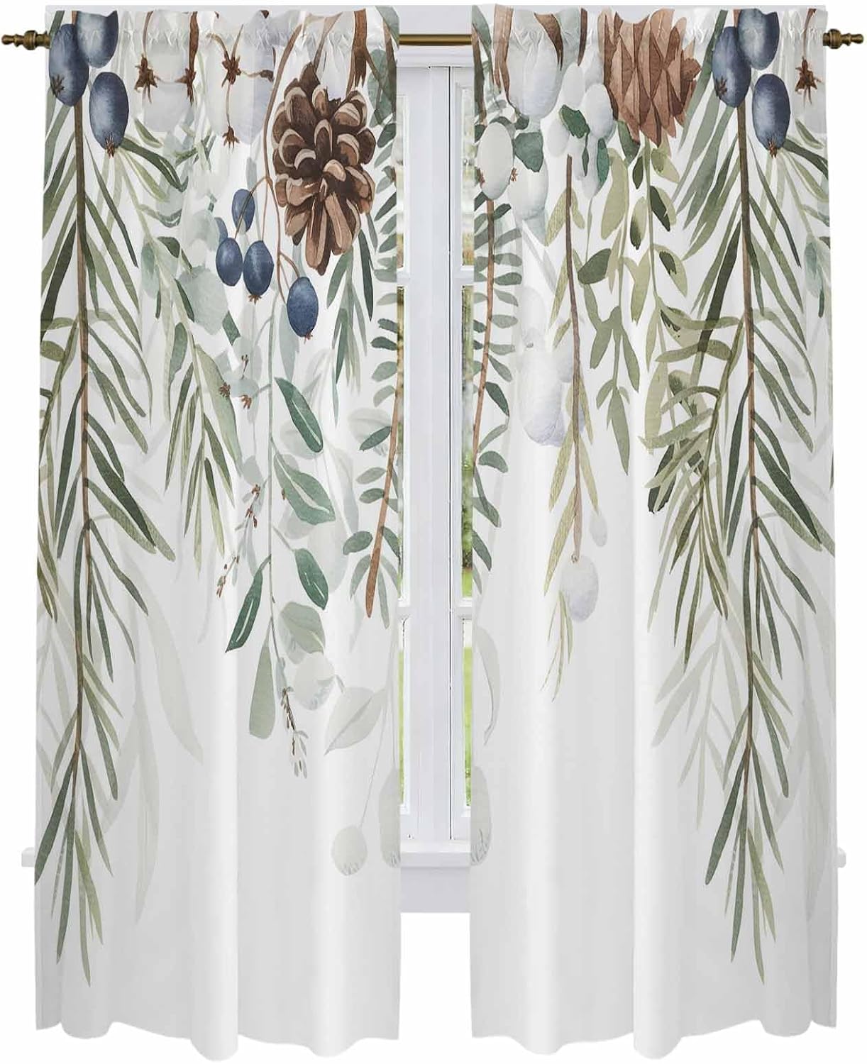 Sage Green Christmas Window Curtains 72 Inch Long 2 Panel Set, Rod Pocket Long Curtains & Drapes, Weeping Xmas Berry Pine Cones Light Filtering Window Treatment for Bedroom Living Room 52"W x 72"L