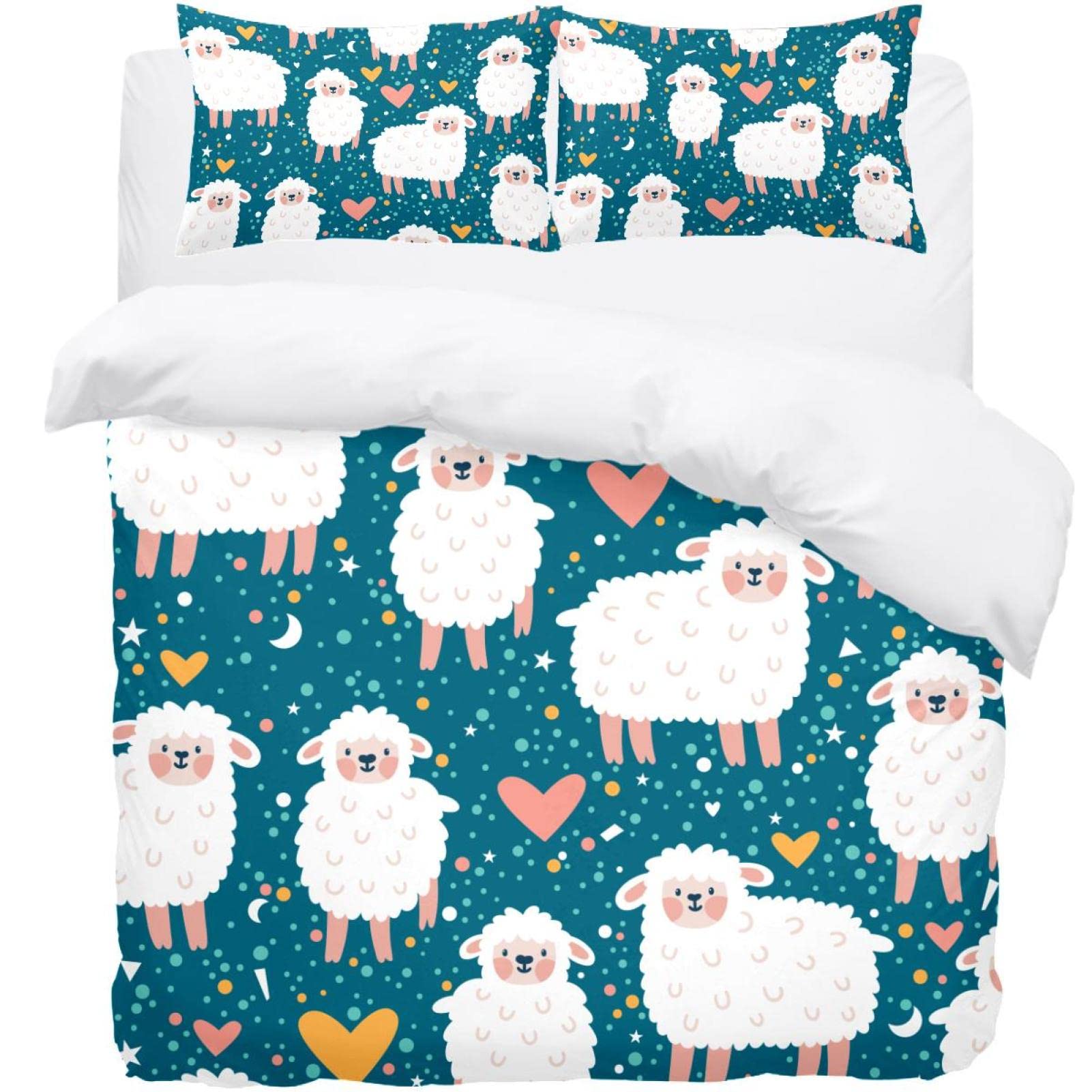 Housse de couette bleu motif mouton et 2 taies d'oreiller pour lit double