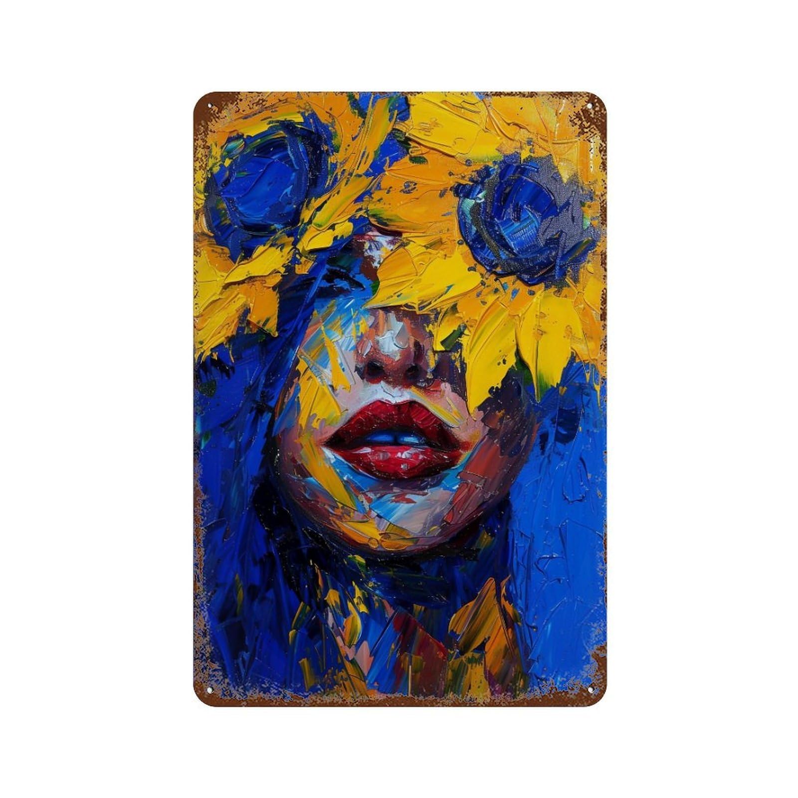 YHGERTKU Blue Hair Woman with Sunflowers Impasto 04 Wall Art Retro Iron Vintage Metal Tin Sign Poster Modern Decor for Living Rooms Gift 30x20cm