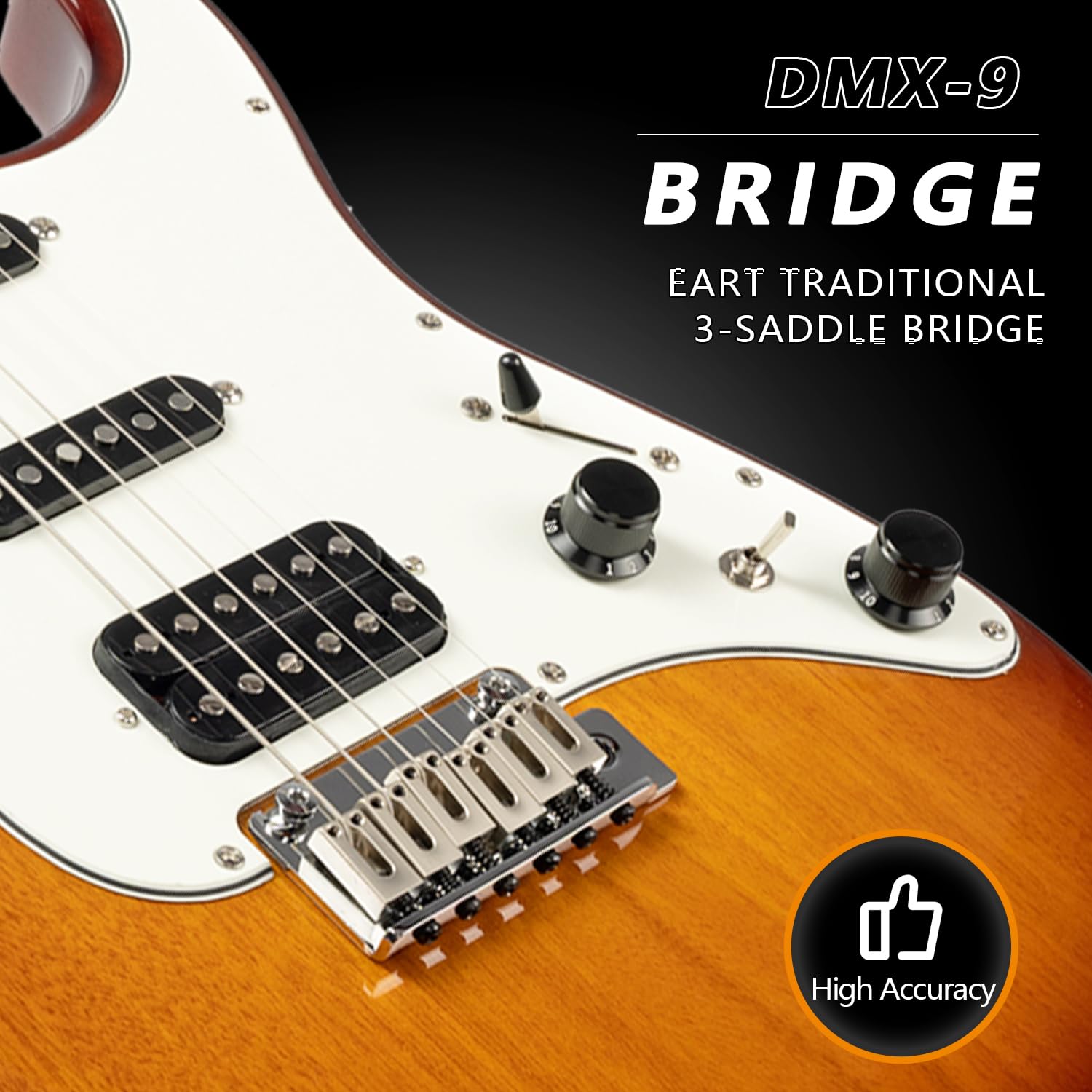 EART E-Gitarre DMX-9, 6-saitige Tremolo Bridge, Humbucker Pickups, Solid Body, 5-Wege Schalter Gitarren (Honeyburst)