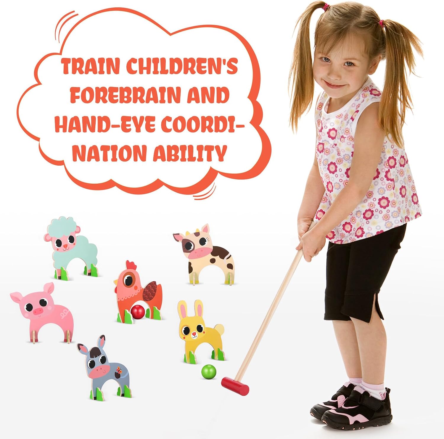 Housoutil Fun Animal Gateball, Wooden Animals Croquet Set, Educational Sports Fun Golf Mallets and Croquet Balls, for Preschool Outdoor, Assorted Colors