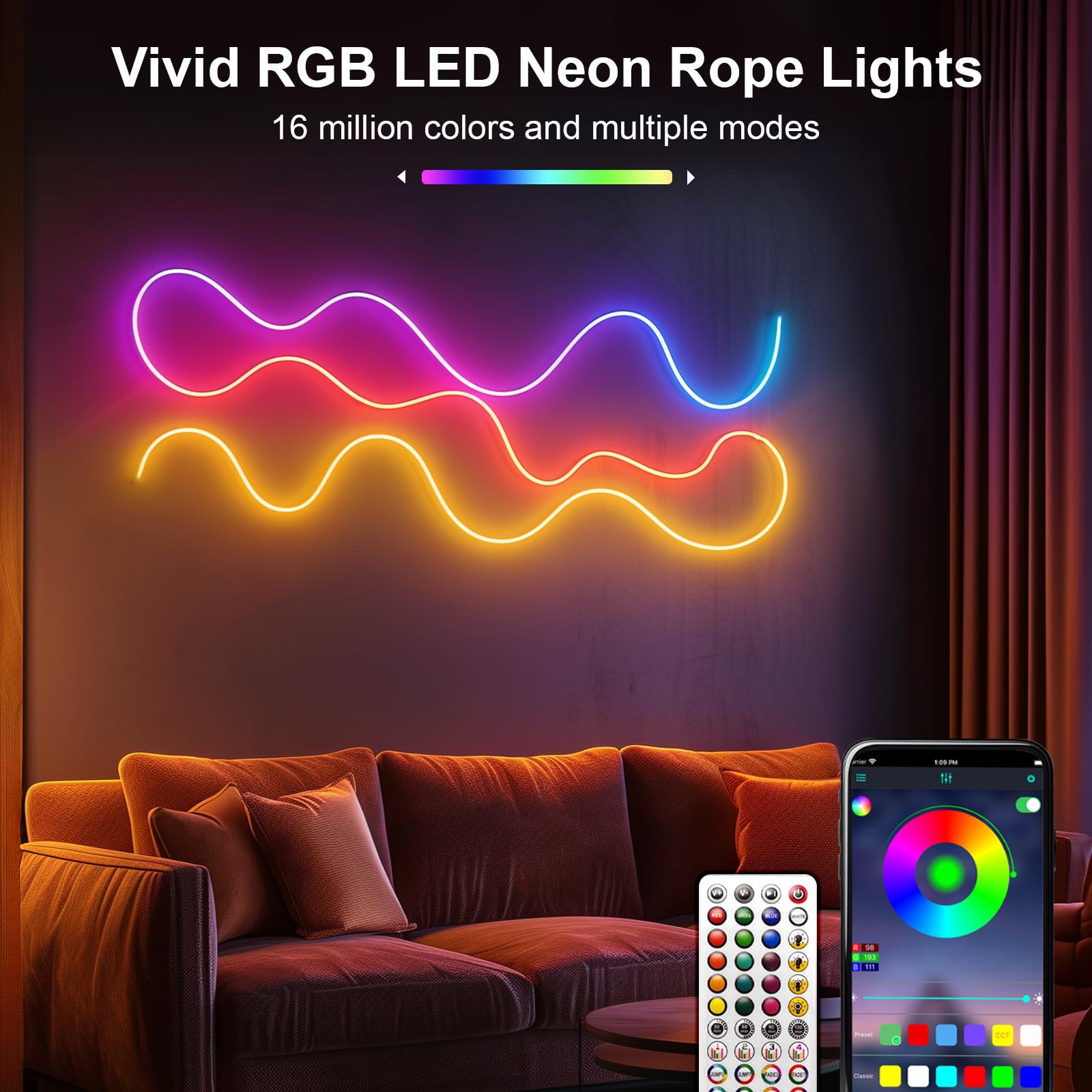 Bande LED Néon RGB 15m Flexible - Contrôle App/Télécommande, IP67 - Décoration Intérieur/Extérieur