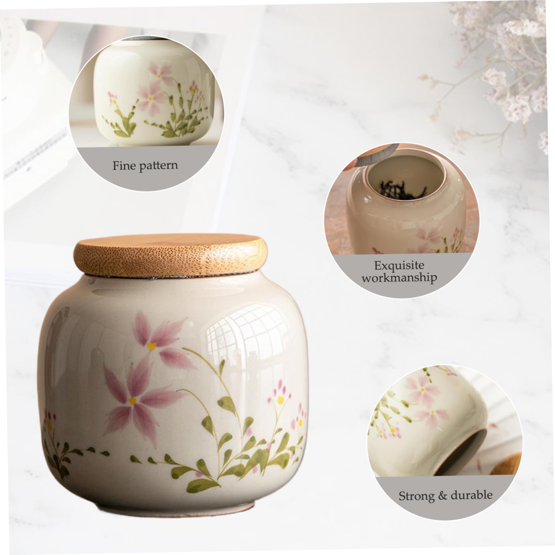Pequeñas urnas para Cenizas humanas Remo Memorial 3x2 Cerámica Floral Urna con Tapa de bambú Dampproof, también Ideal como Bote de té