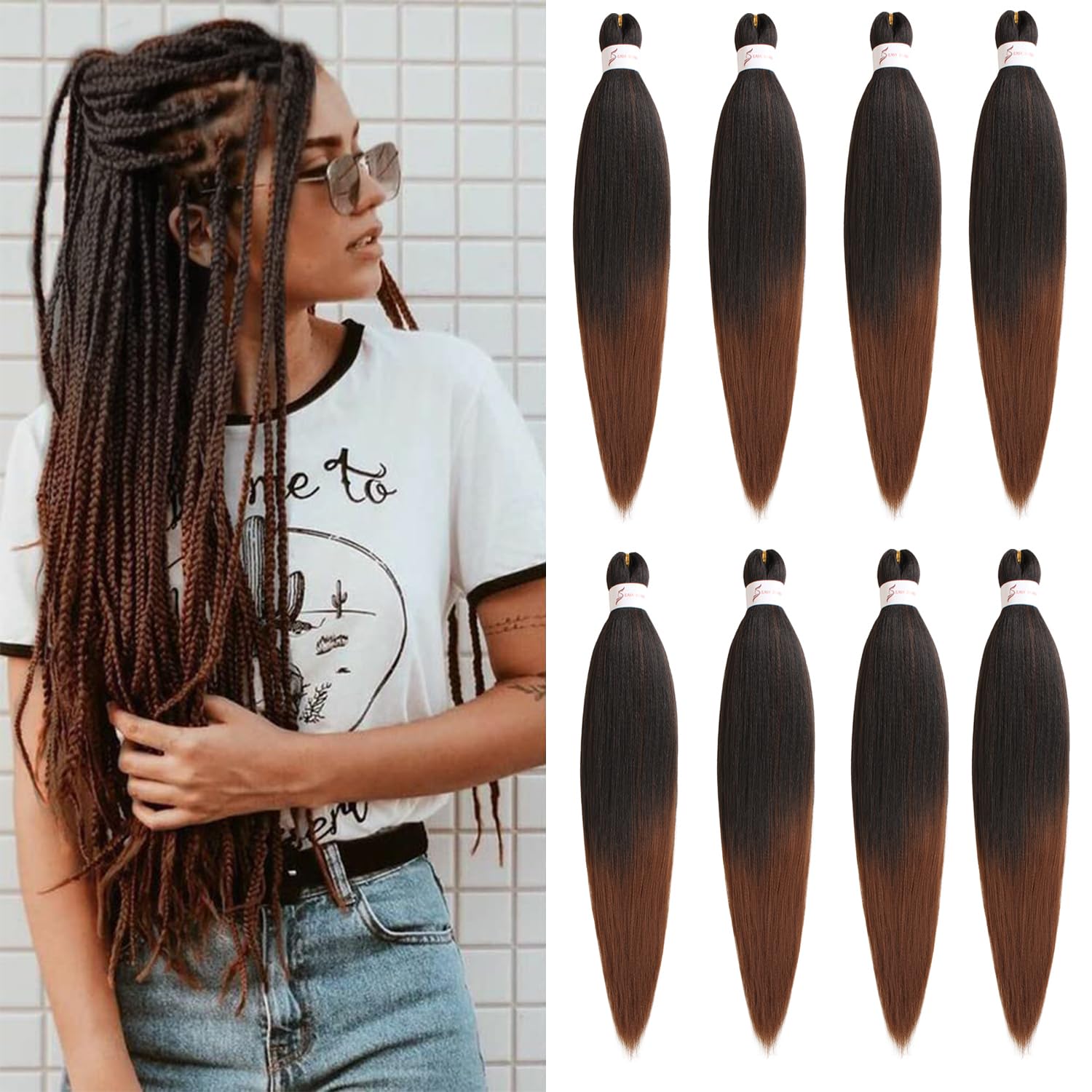 Mscat 26 Inch 8 Packs Pre Stretched Braiding Hair Ombre Brown Pre Stretched Braiding Professional Synthetic Prestretched Crochet Braids Hair Extension Hot Water Setting Yaki Texture (T30#)