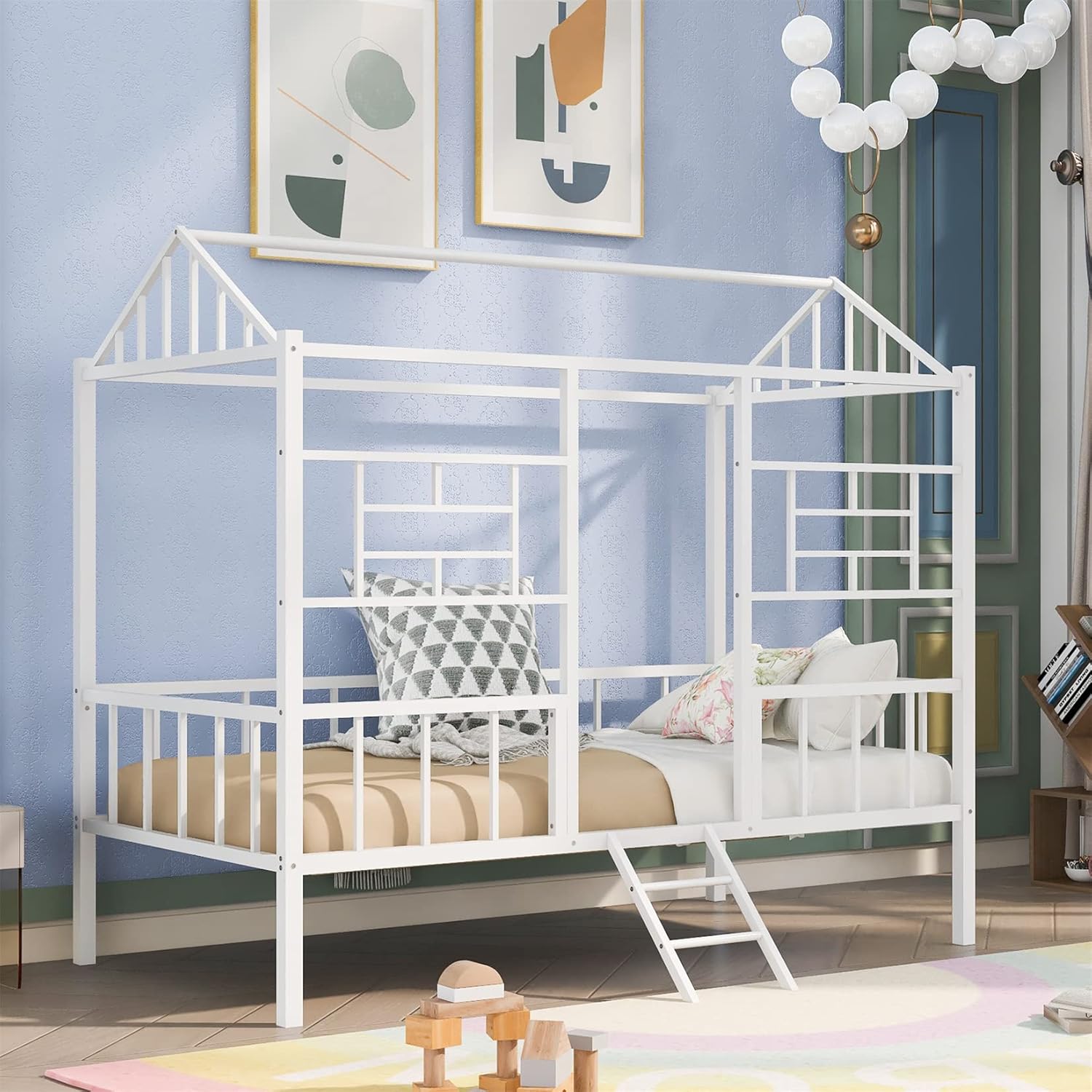 Twin House Bed with Fence Railings Metal Cabin Bed Frame with Ladder Child Fun Tent