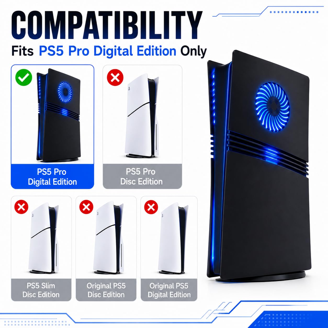 Frontplatte für PS5 Seitenschalenplatten PlayStation 5 Disc Edition Konsole Ersatz Zubehör Case Cover Black Plate Anti-Scratch Dust Cover Skin Protector (Schwarz mit LEDs Pro Digital Edition)