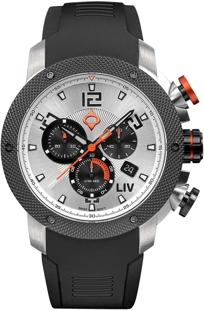 LIV GX1 Swiss Made Chronograph 45mm 316L SS Case, 3D Multi-Layer w/Quickset Date - Rugged Classic Watch- Scratch Resistant Sapphire Crystal - 660 Feet Water Resistant - BGW9 Swiss Luminova