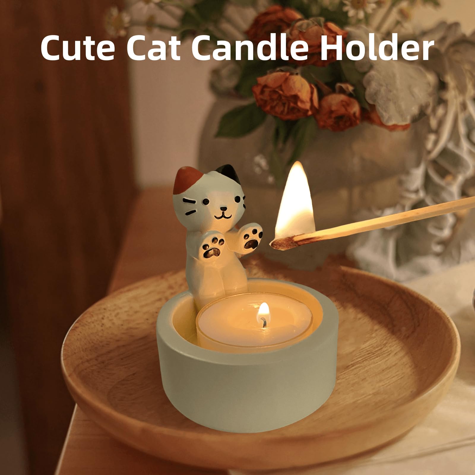 Cat Candle Holder Warming Paws Cartoon Kitten Candle Holder Cute Cat Scented Small Mini Tea Light Candle Holders Tangcii Cat Decor for Cat Lover Gift for Girl Women (Calico cat), White