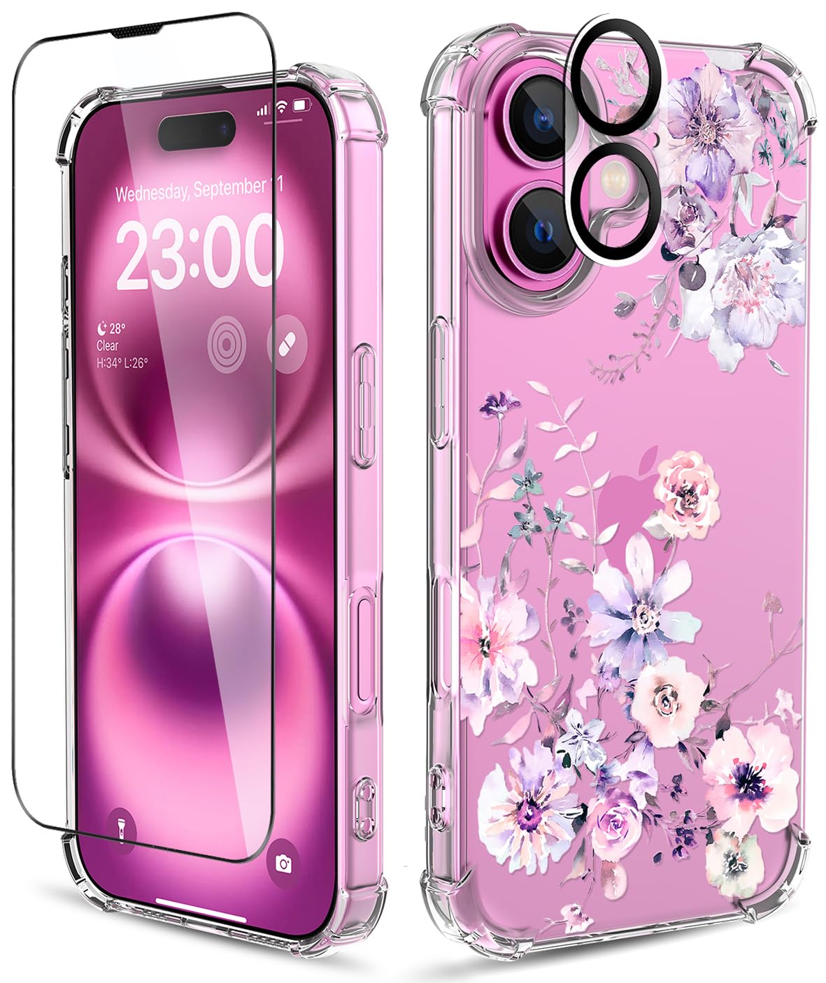 for iPhone 16 Case, 3 in 1 Screen & Lens Protectors, Floral Cover | Soft TPU Material | Clear Cute Flower Design | Shockproof Protection | Designed for Women & Girls,Ink Purple Ink Purple For iPhone 16