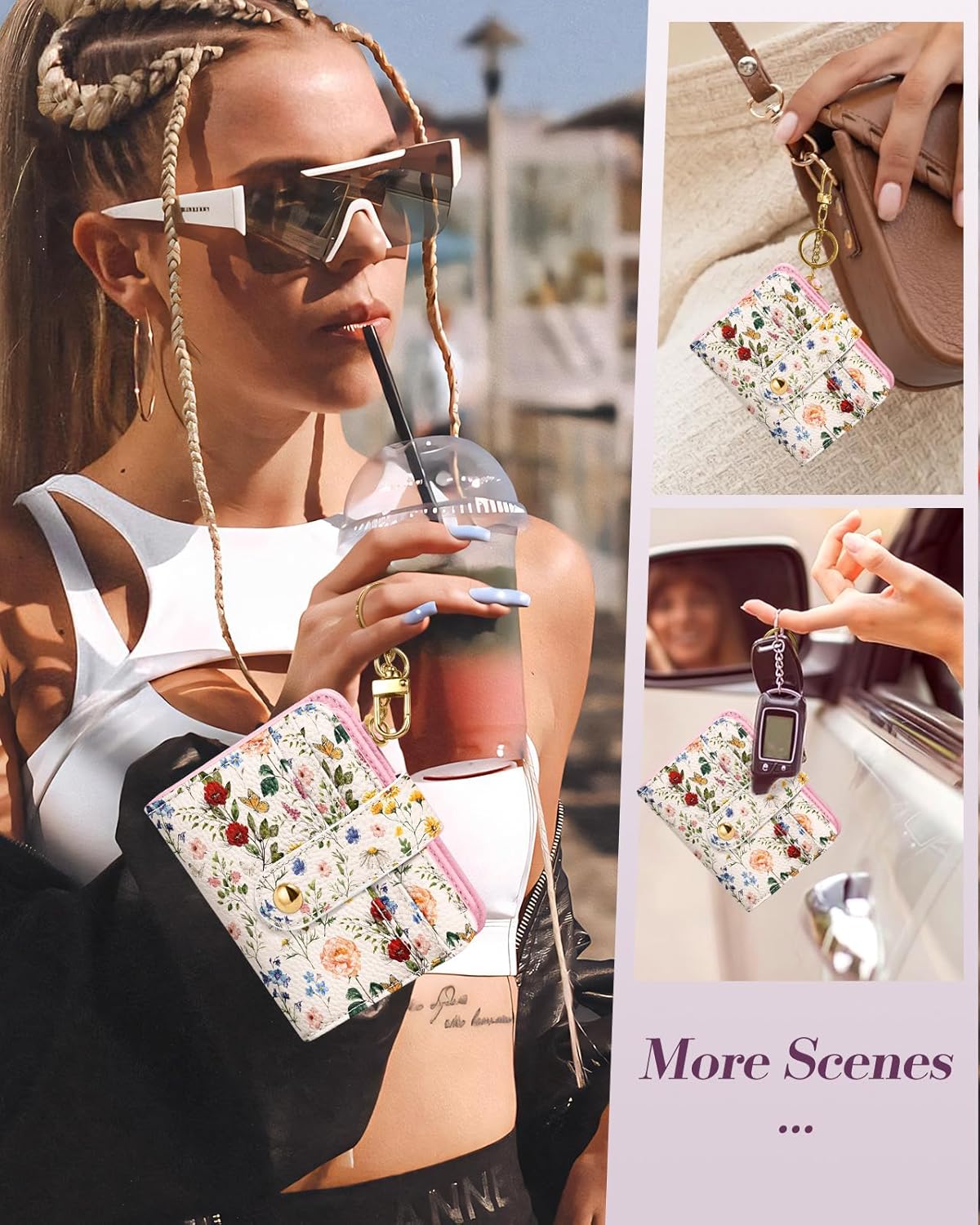 Bistup Wallet for Women Cute Small Card Wallet Genuine Leather Rfid with Keychain for Ladies Teen Girls Female Girly Aesthetic Flower Floral Unique Kawaii Pretty Modern Bifold Credit Card Holder - Image 6