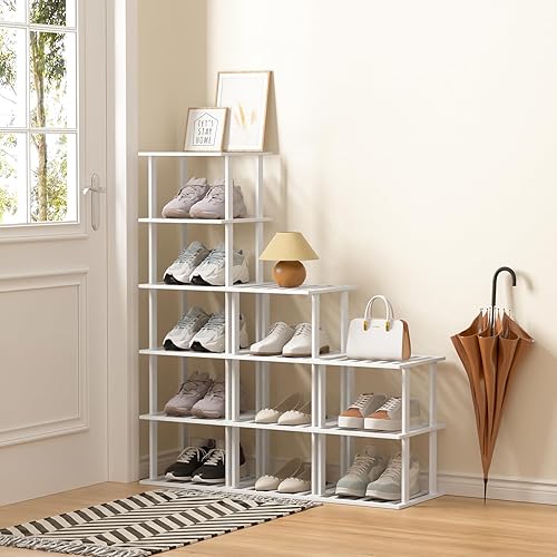 Miniatura 3 de Zapatero de bambú blanco para espacios pequeños, 6 niveles de alto, vertical, estrecho, para armario, soporte apilable para zapatos, soporte para