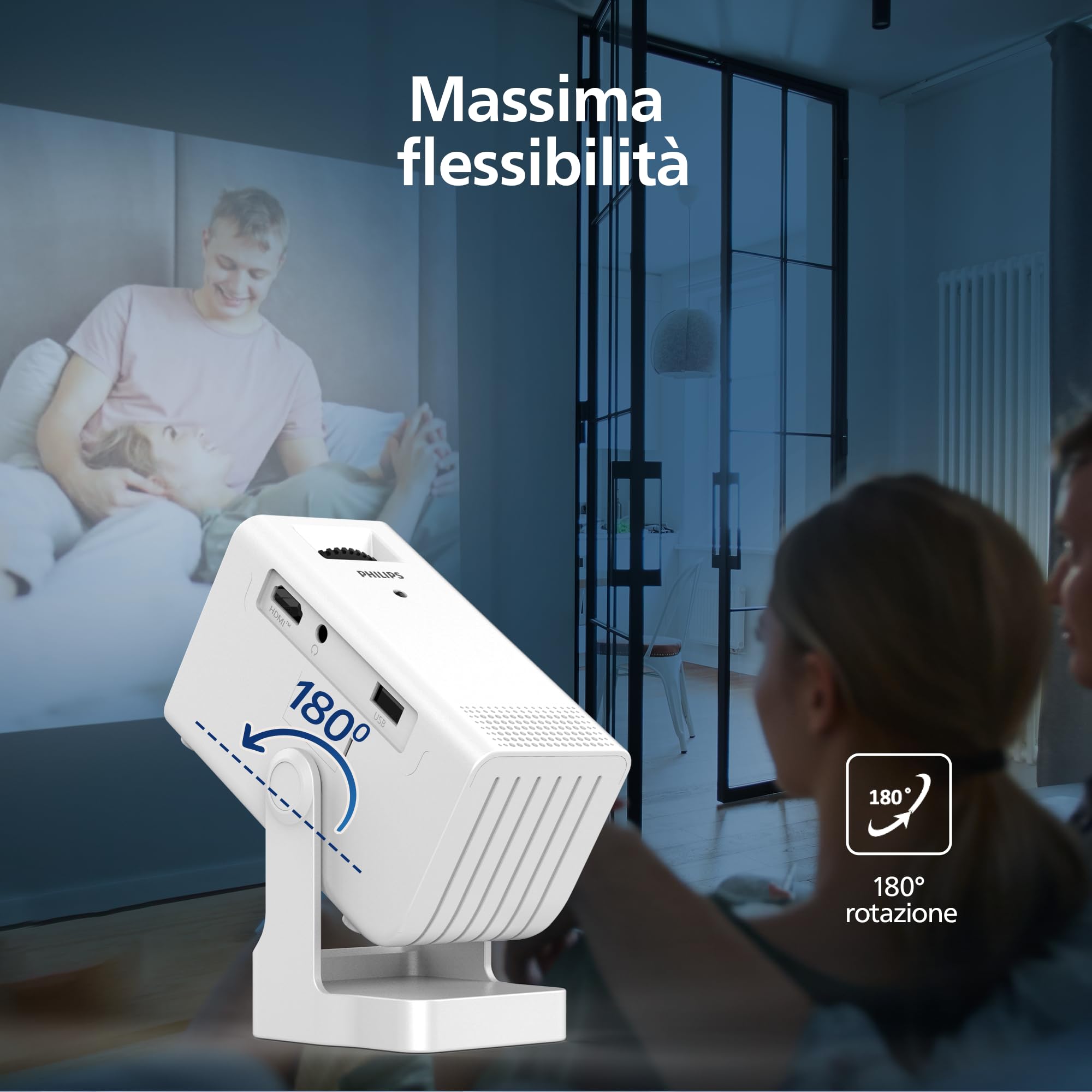 Philips, Neopix 140, Proiettore Home Theatre, Risoluzione 1280x720p, Rotativo a 180 gradi, Modalità Specchio, Wi-FI 6, Audio Stereo 2x3 Watt, Bianco