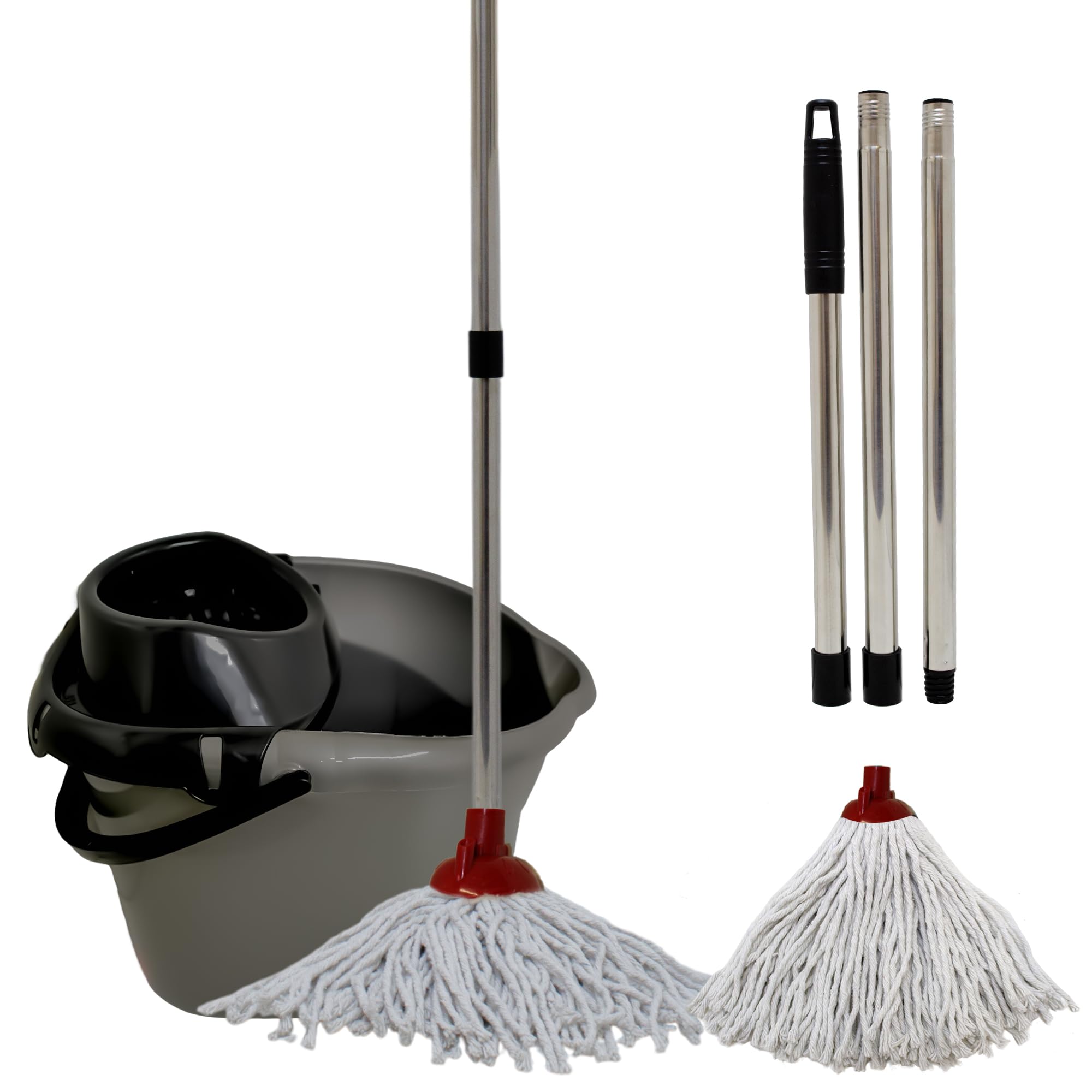 KMJ Mop and Buckets Sets (2 Red Mop Heads & 1 Steel Pole) with Detachable Wringer- Plastic Mop and Bucket- Durable Plastic Bucket and Floor Mop Microfibre Mop and Bucket Set