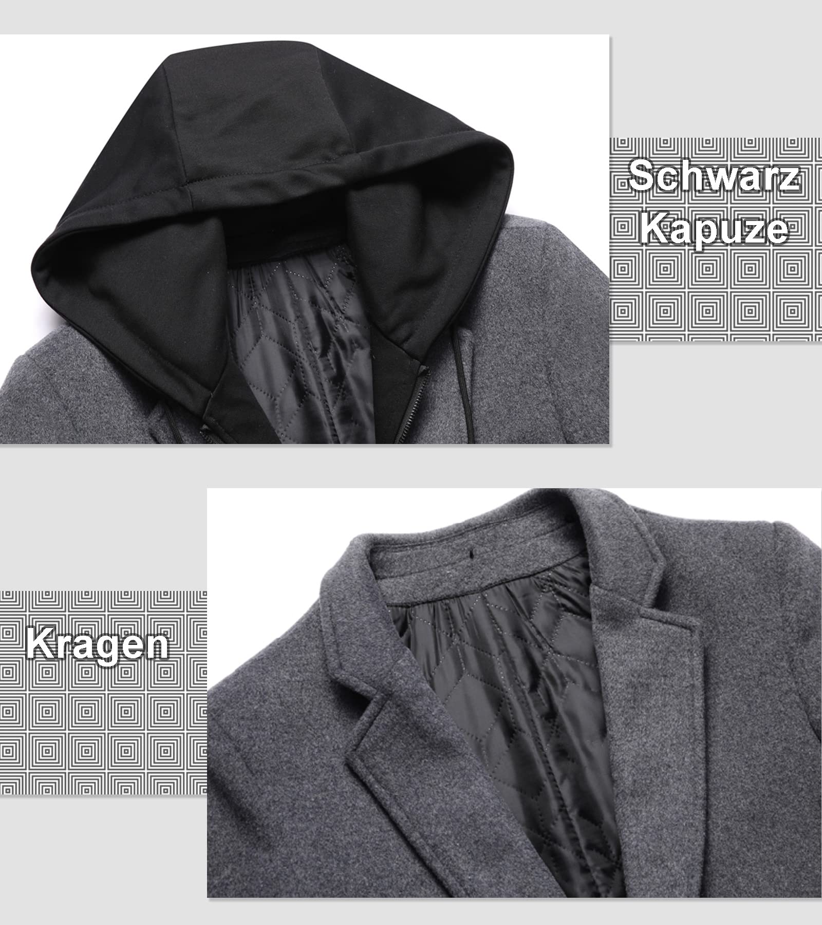 Luckyone Abrigo de Lana para Hombre 2 en 1 Invierno Trinchera Abrigos Slim Fit Outerwear Color Sólido Business cálido de trabajo de manga larga