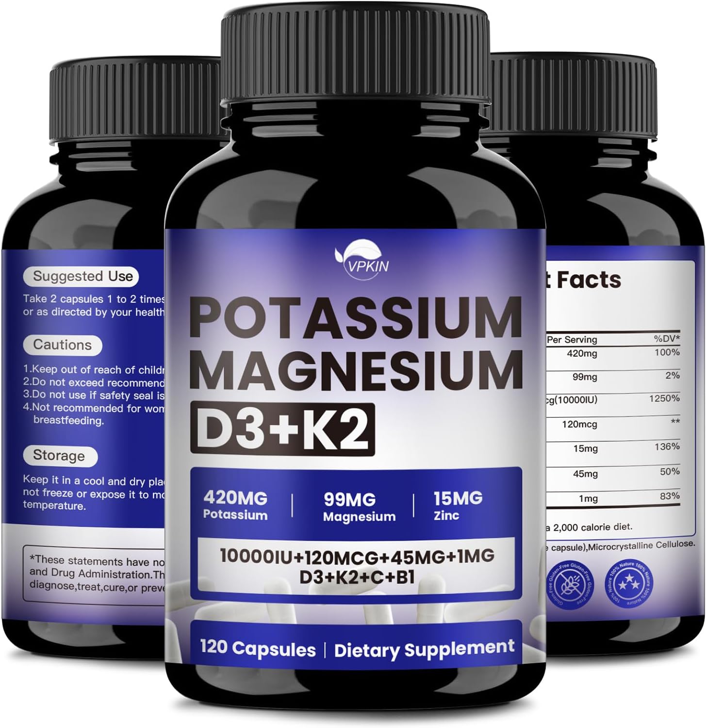 Potassium Magnesium Zinc & D3 K2 Supplement,Support Immune,Energy for Men&Women,Maxmium Absorption,Vegan,Non-GMO,120 Capsules (Pack of 1)