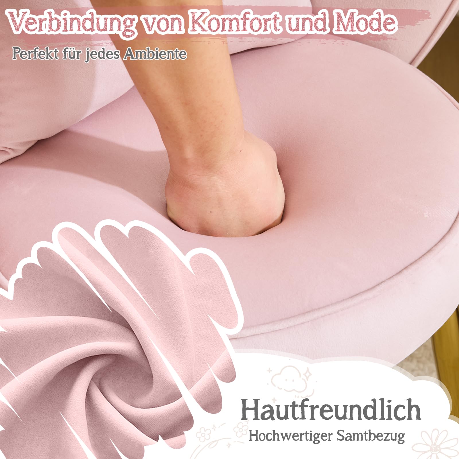 Bonnlo Schminktisch Stuhl mit Blütenblatt-Rückenlehne, Sessel Wohnzimmer, Schminkstuhl, Moderner Esszimmerstuhl mit verstellbaren Goldbeinen & Schleifenkissen für Schlafzimmer, Homeoffice, Rosa