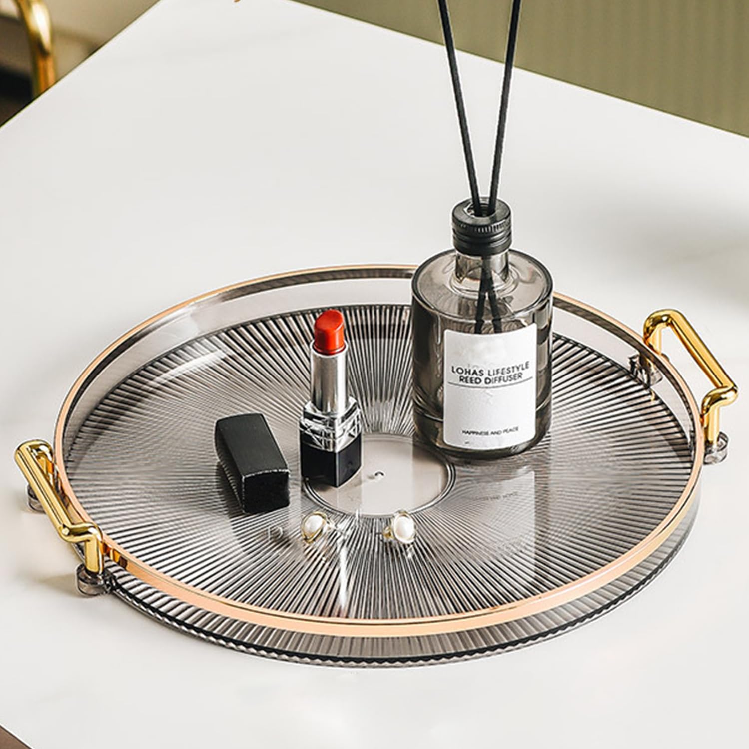 Tissting Decorative Tray 27cm Round Anthracite Gold Transparent Serving Holder with Handles - Image 4